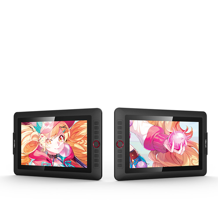 Zwei XP-PEN Zeichentabletts mit Anime-Artwork nebeneinander, mit rotem Steuerrad links.