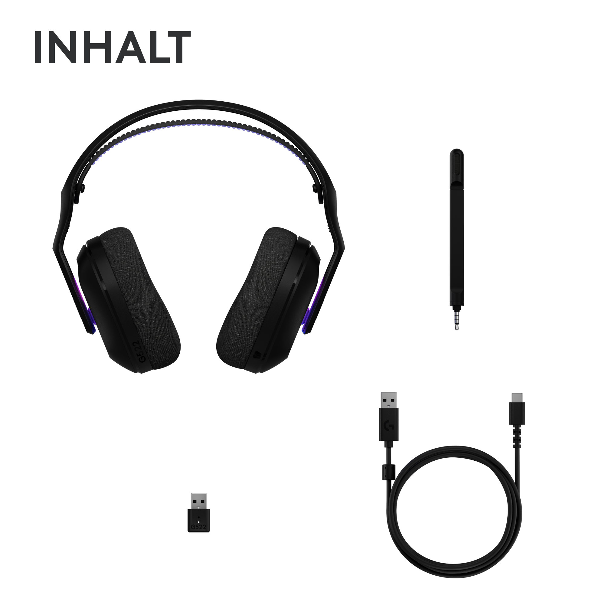 Headset, USB-Kabel, Dongle und Audiokabel. Text: Inhalt (Inhalt).
