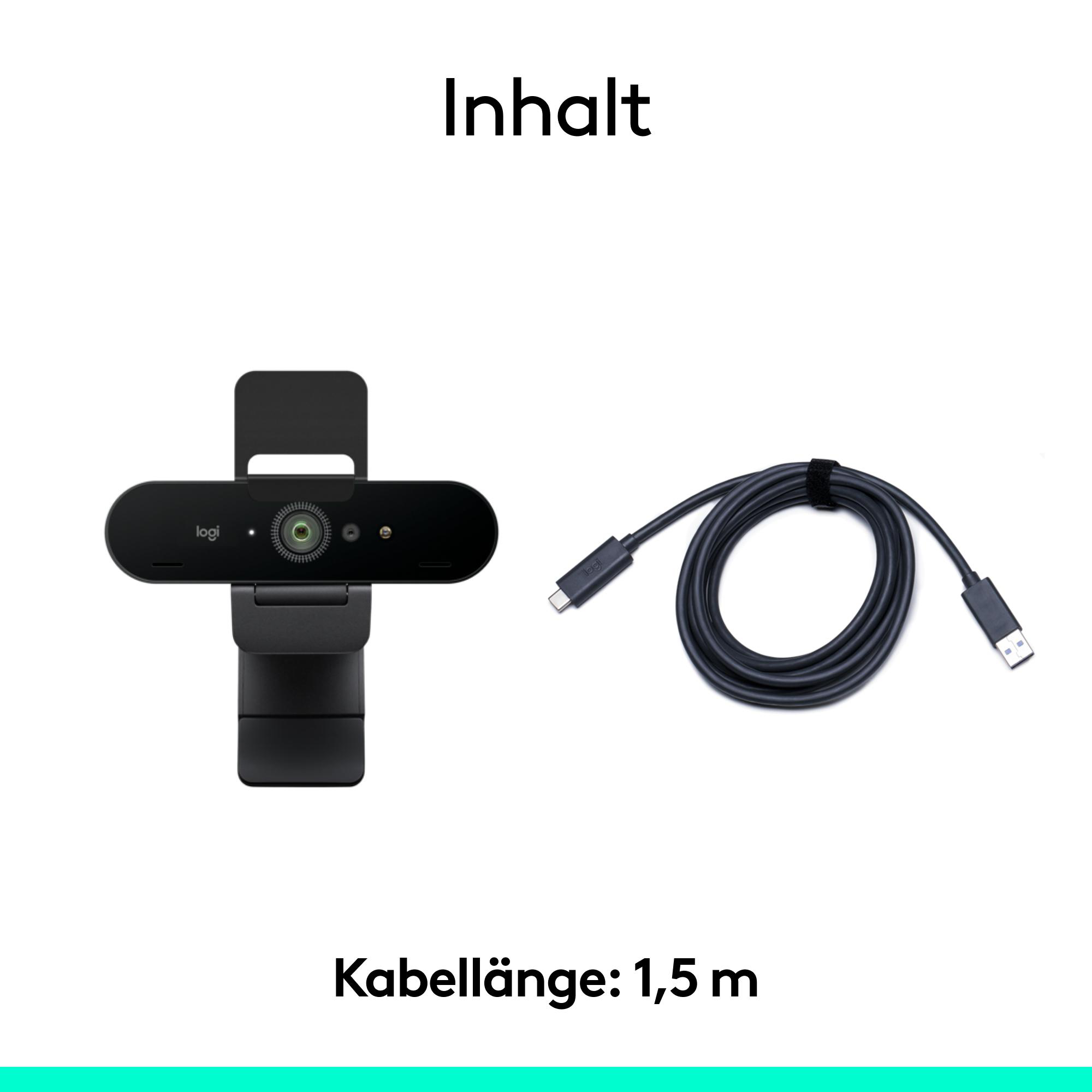 Webcam und Kabel. Text: Inhalt, Kabellänge: 1,5 m.