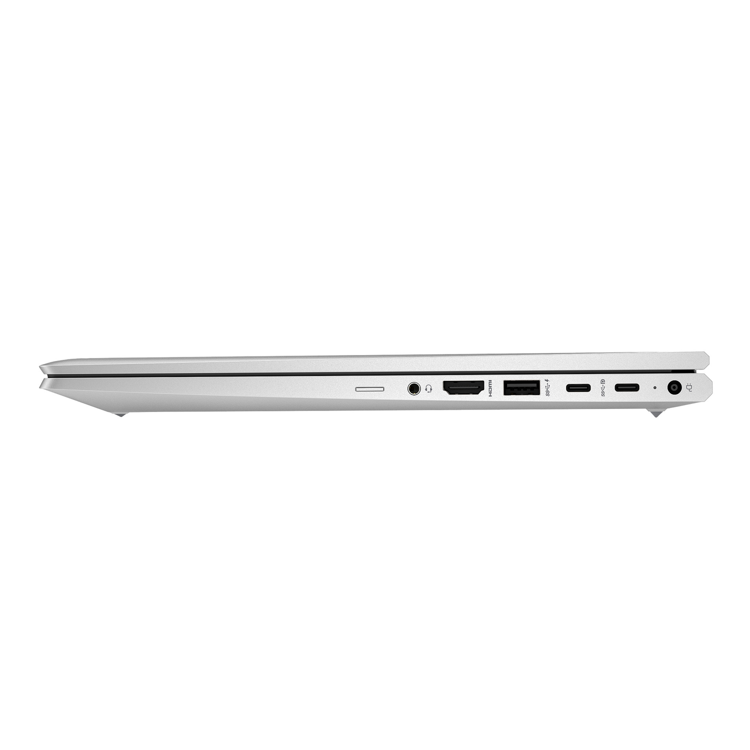 Zilveren laptop zijaanzicht, poorten zichtbaar. Witte achtergrond.