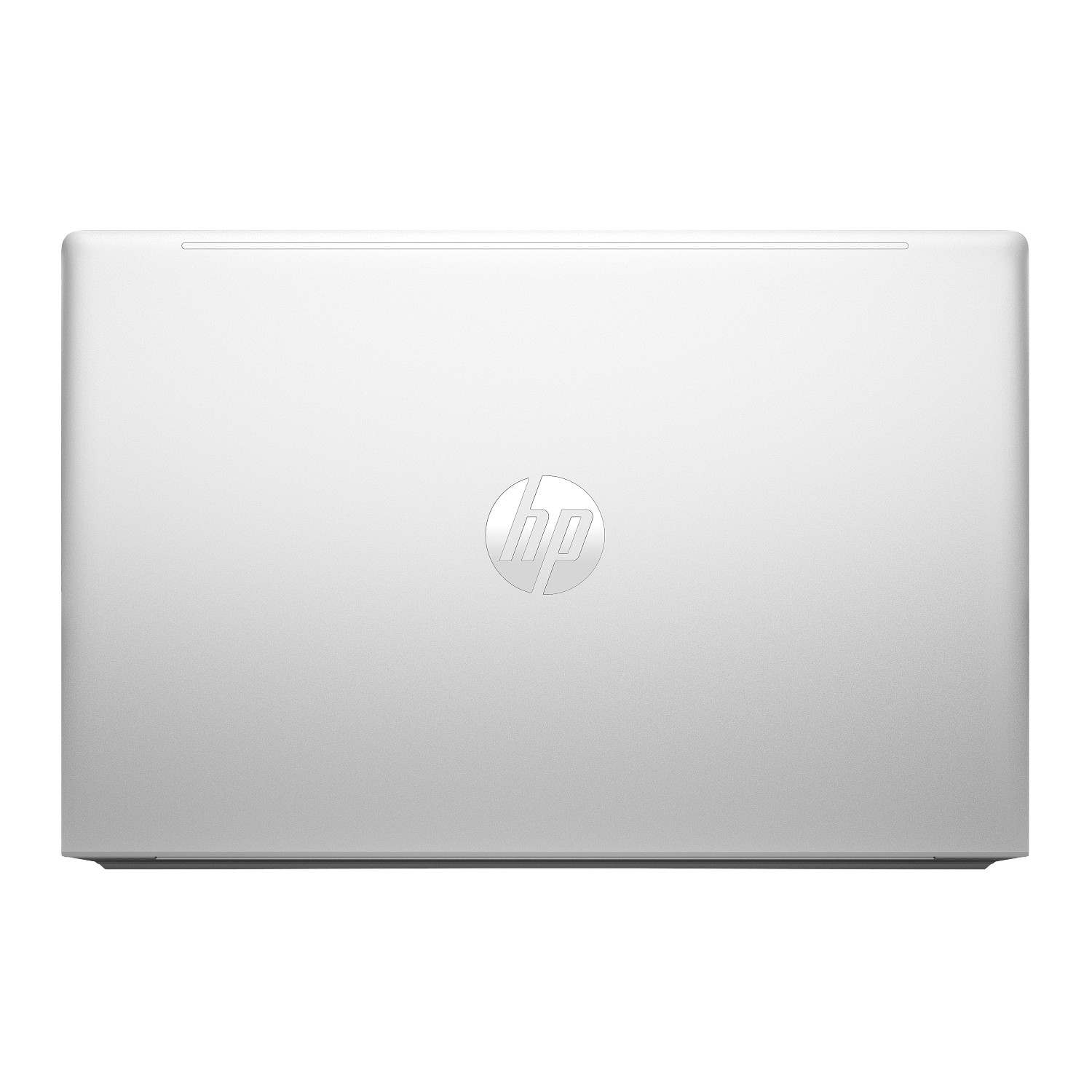 Zilveren laptop, bovenaanzicht. HP-logo zichtbaar. Witte achtergrond.