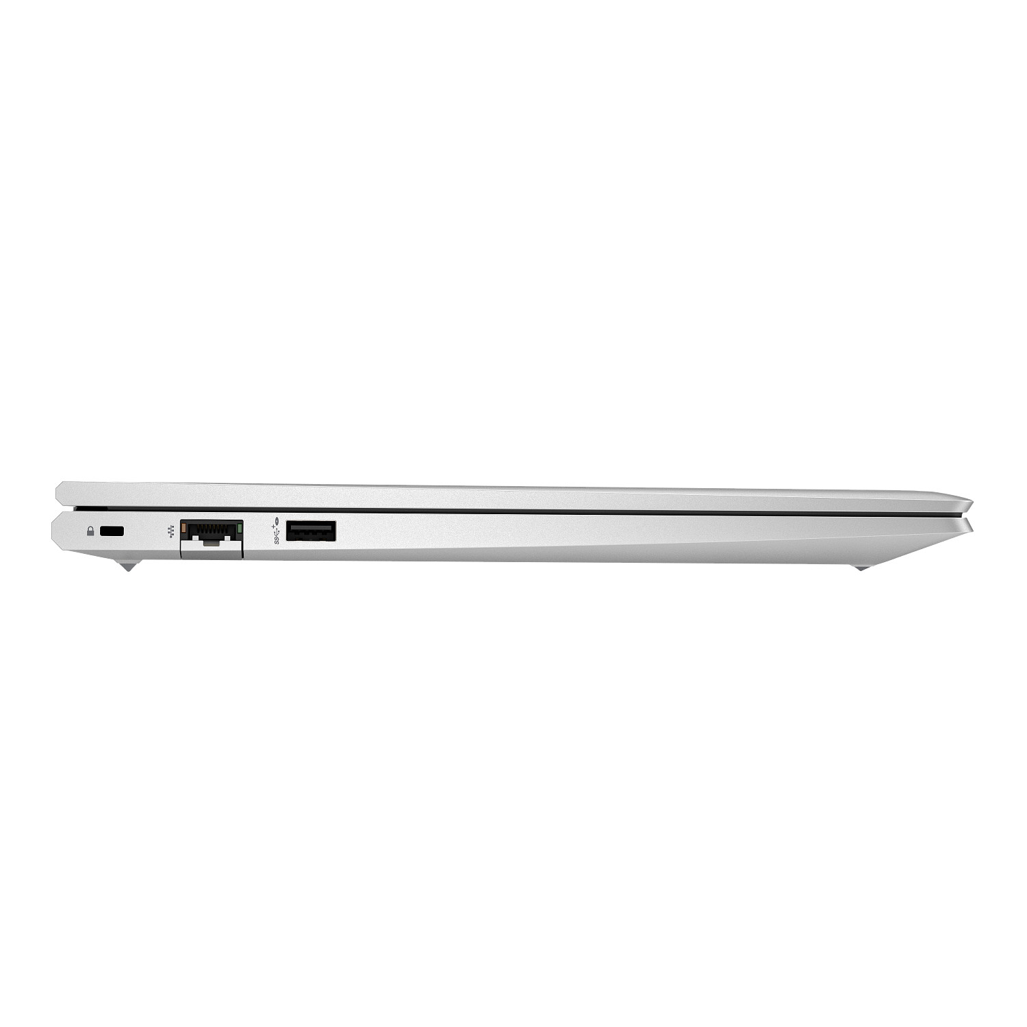 Zilveren laptop zijaanzicht met poorten. Witte achtergrond.