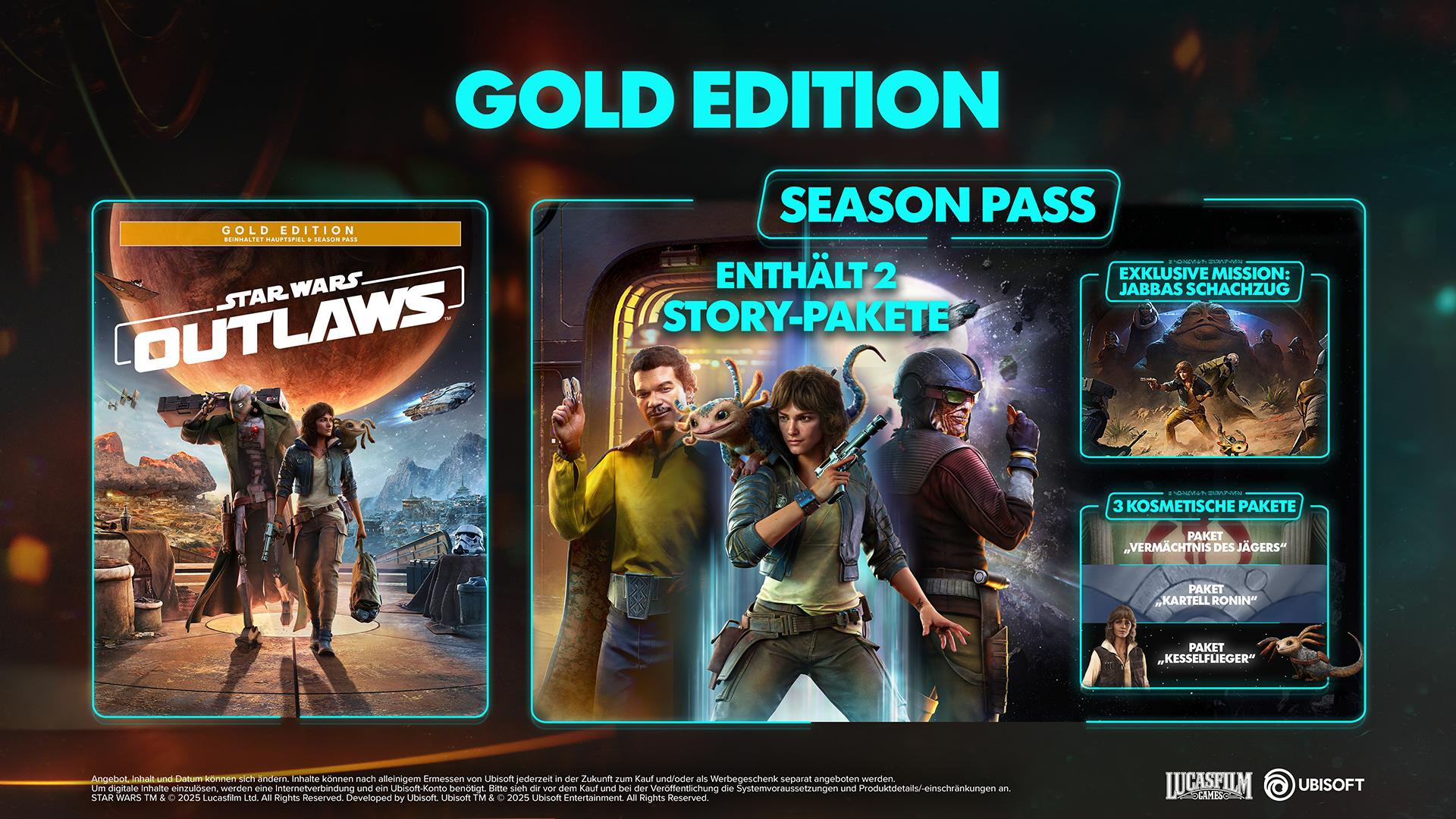 Werbebild für Star Wars Outlaws Gold Edition mit Spielecharakteren und Inhaltsinformationen.