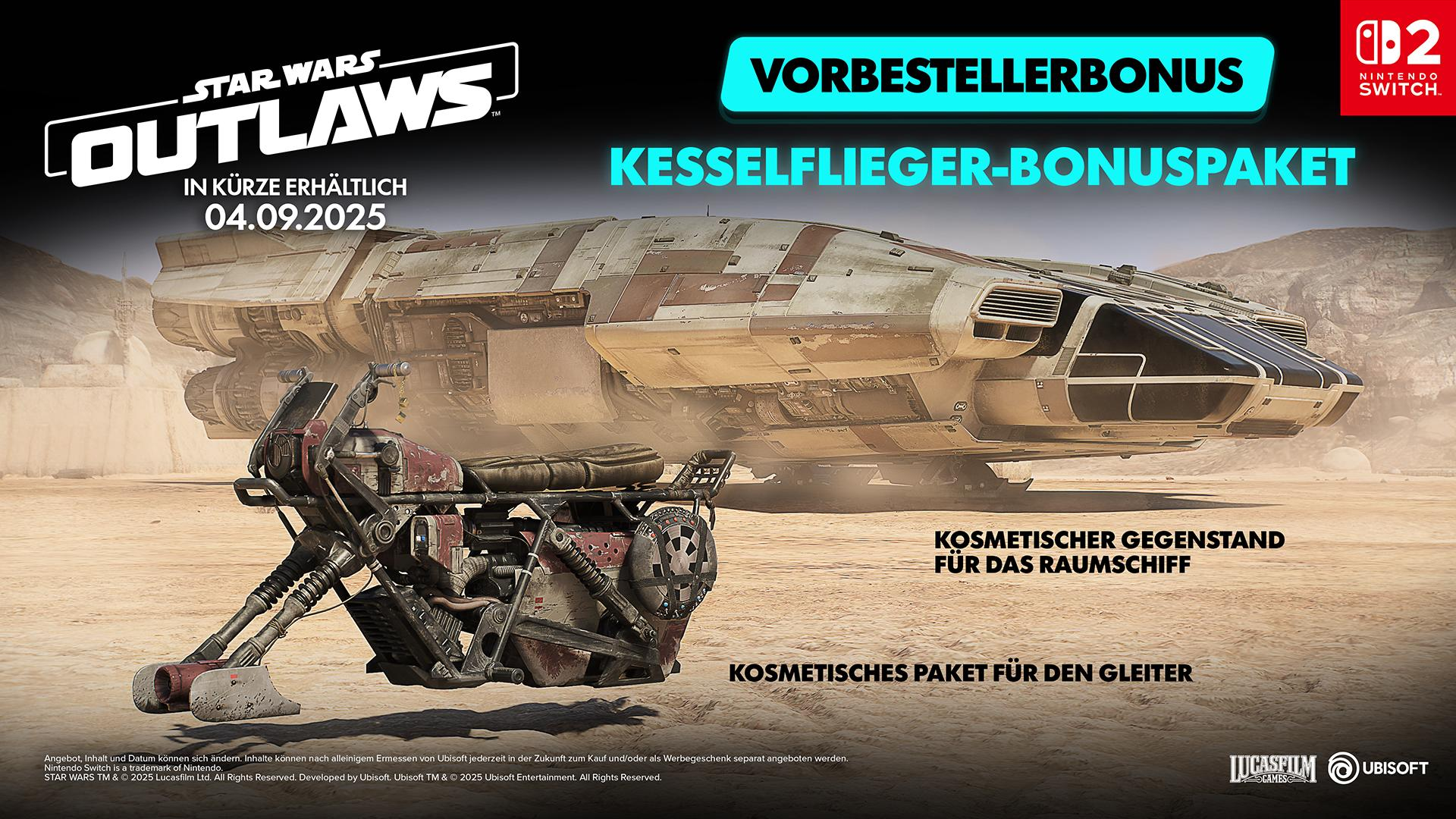 Werbebild für Star Wars Outlaws mit Speeder, Schiff und Spieldetails.