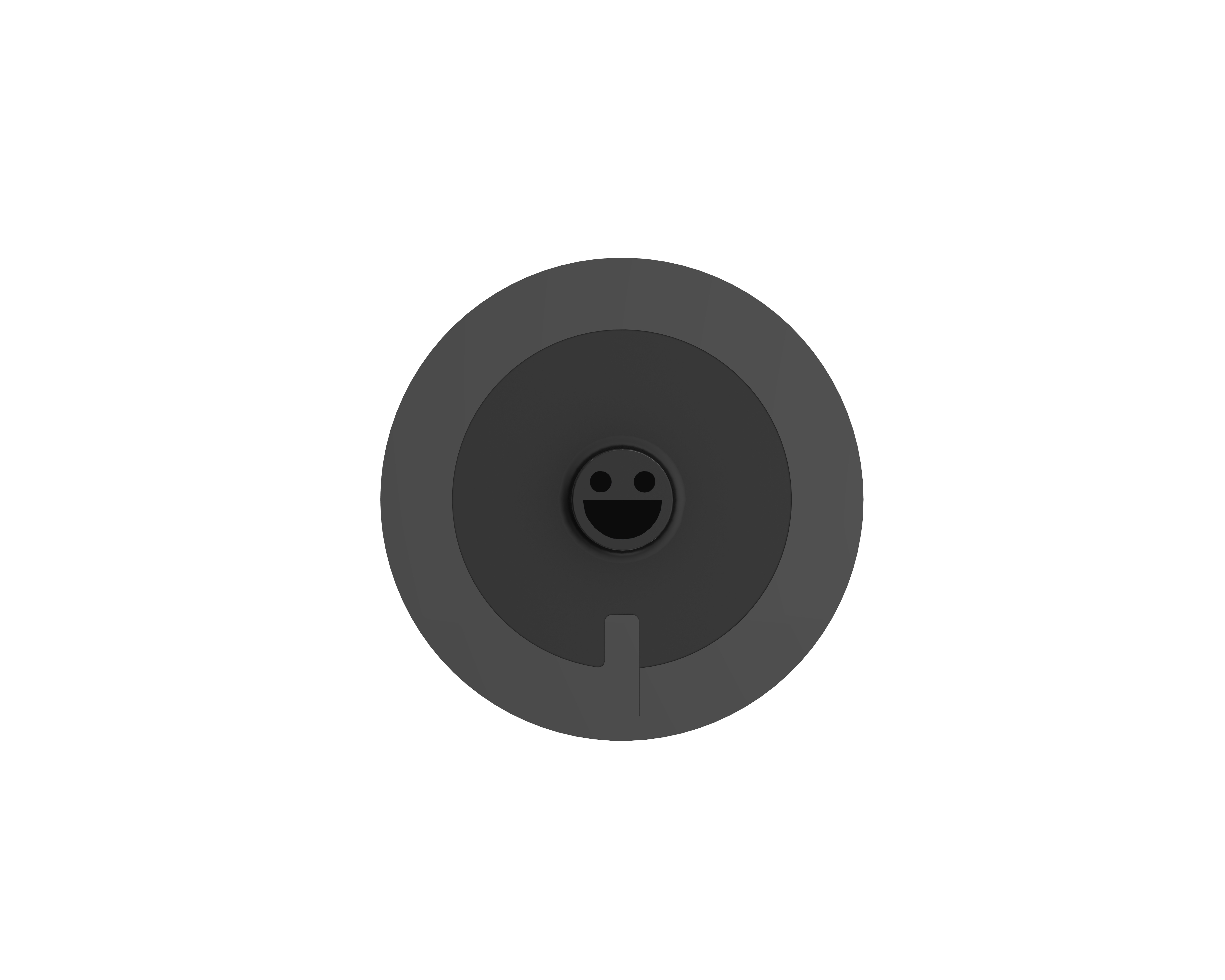 Schwarzes, rundes Objekt mit Smiley-Gesicht. Es hat einen dunkelgrauen Rand auf weißem Grund.