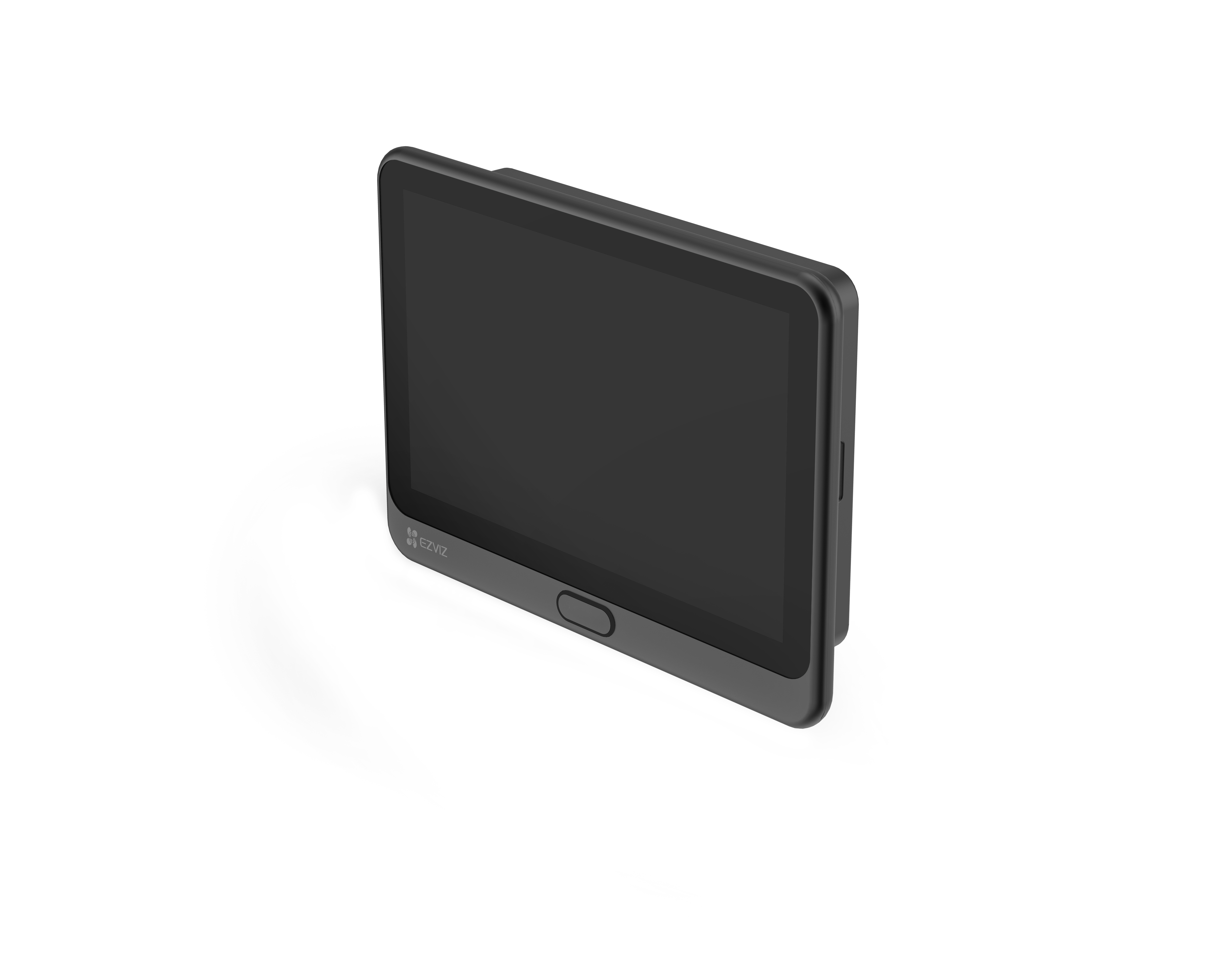 Schwarzes Tablet, abgewinkelt, mit schwarzem Bildschirm und Knopf auf Weiß.