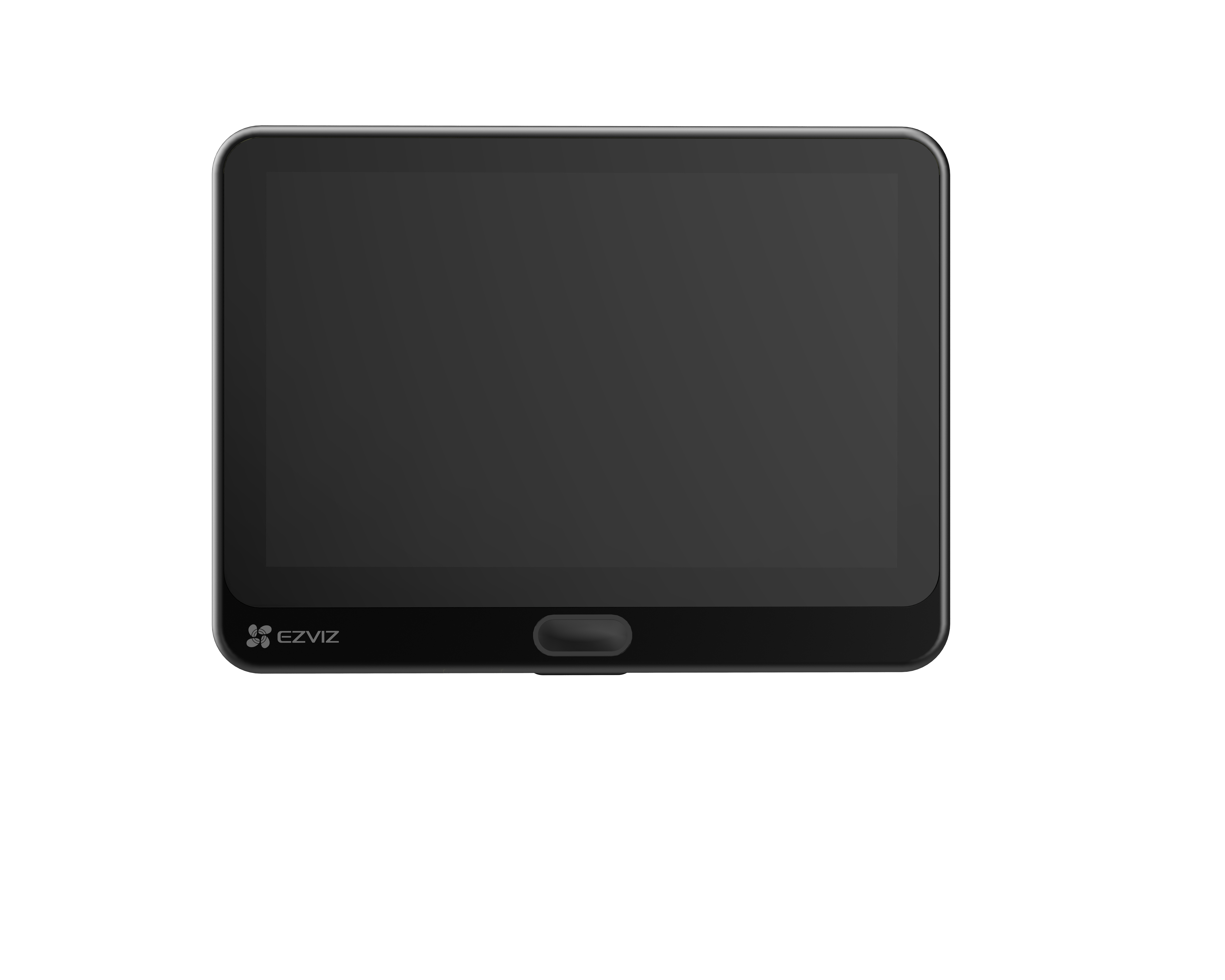 Schwarzes Tablet mit schwarzem Bildschirm und Knopf auf weißem Hintergrund.
