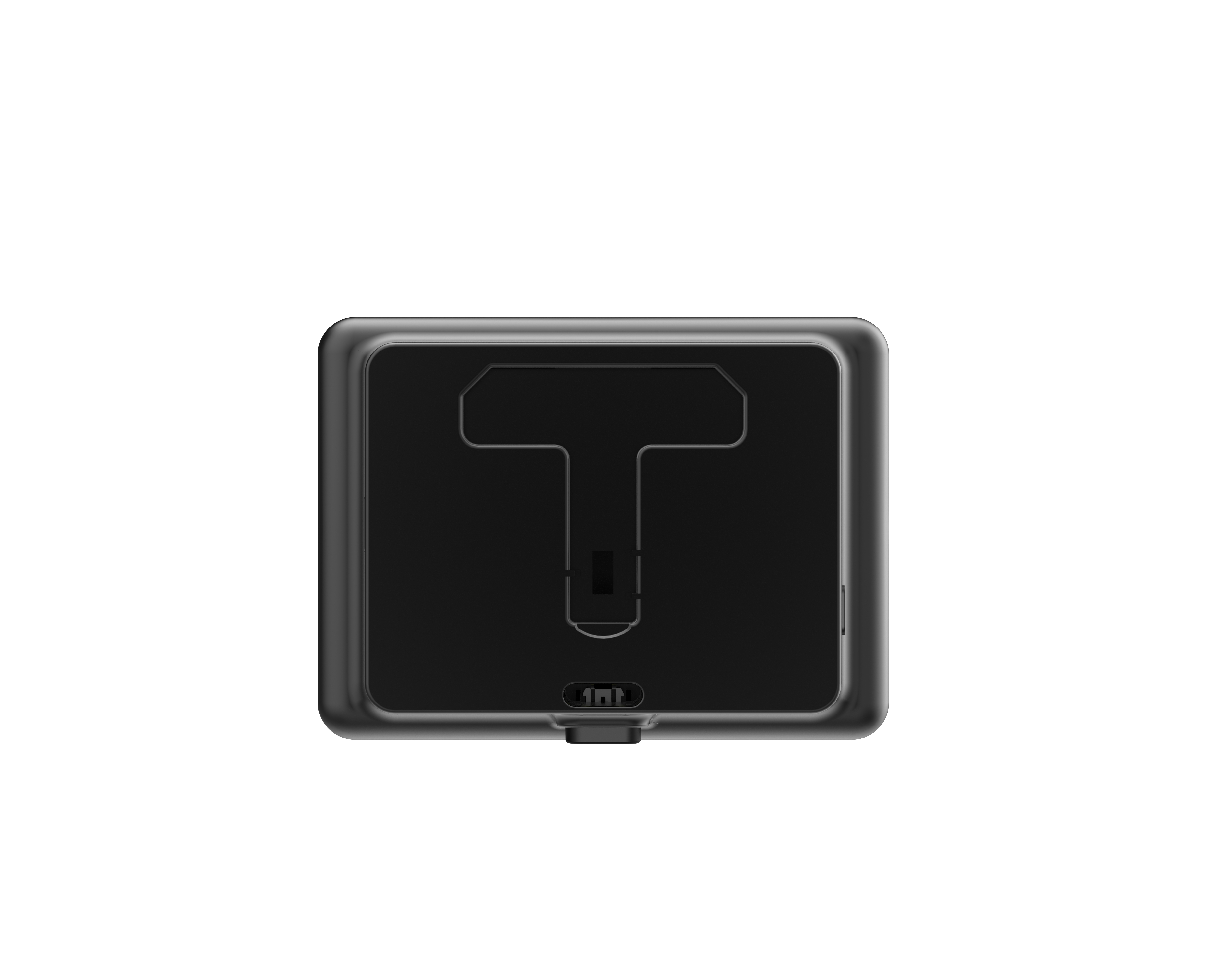 Schwarzes Tablet, Draufsicht, mit T-förmigem Design und Knopf auf Weiß.