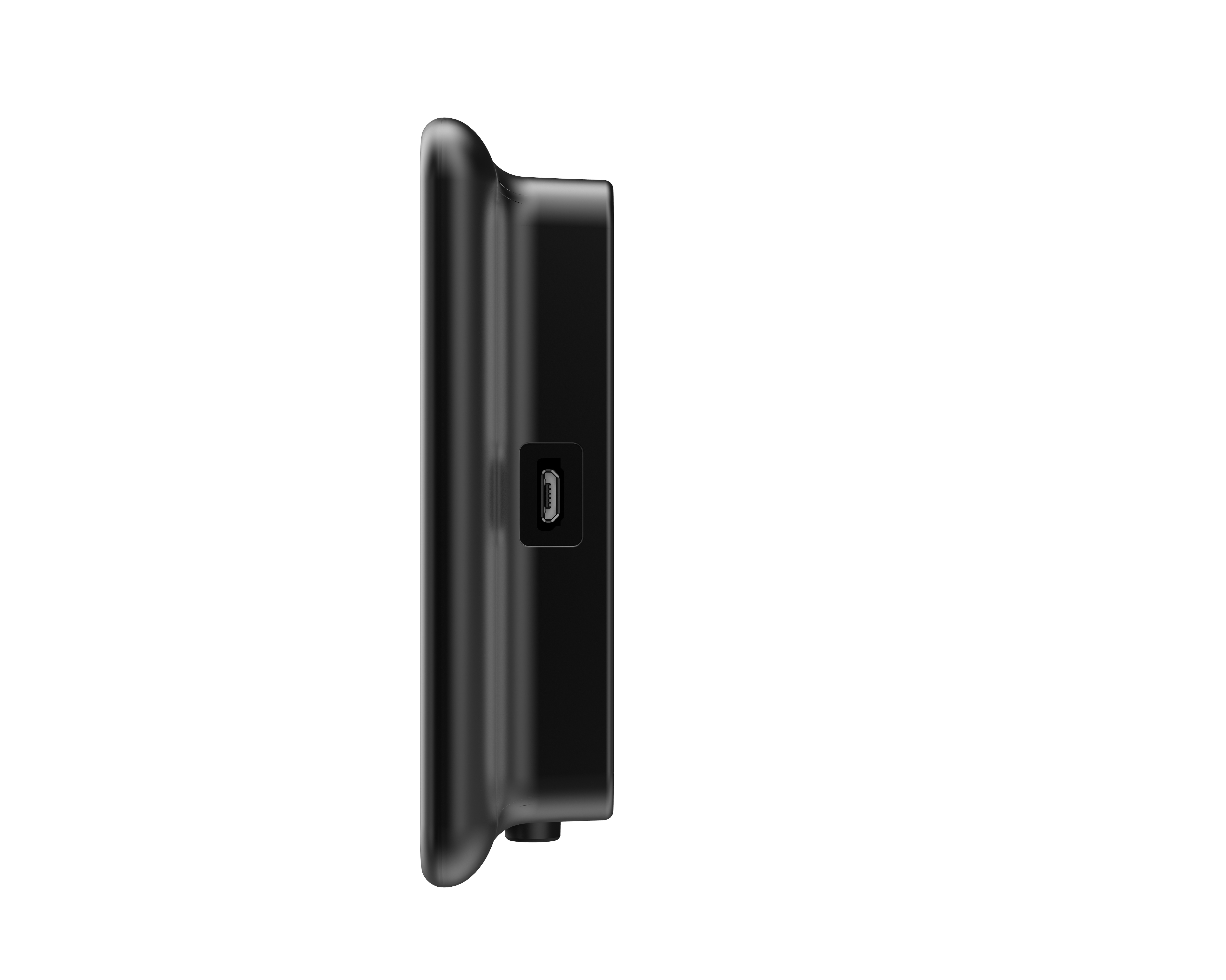 Schwarzes Tablet Seitenansicht, mit Anschluss, auf weißem Hintergrund.