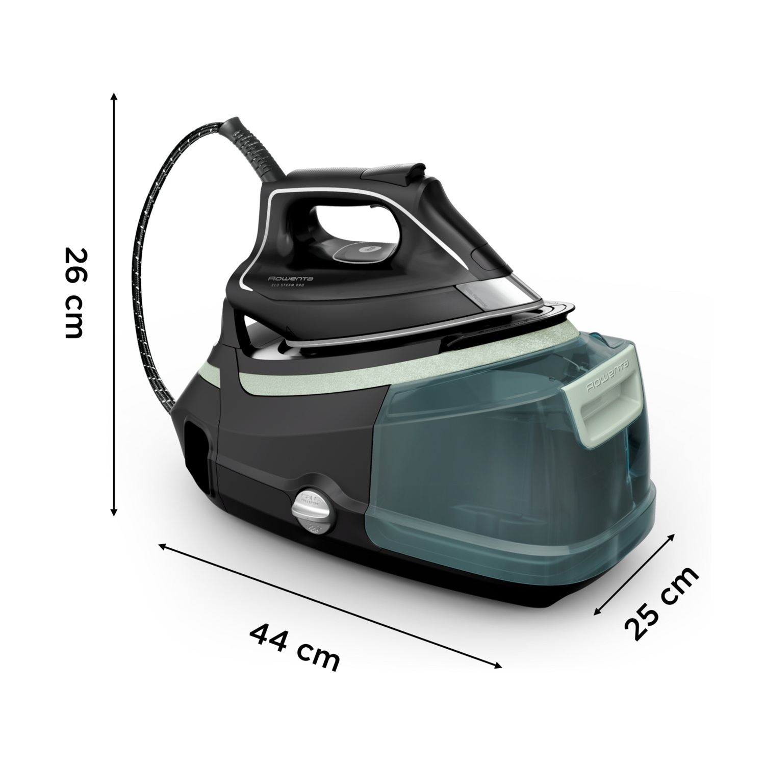 Ferro da stiro nero e grigio con serbatoio e dimensioni: 44 cm, 25 cm e 26 cm, su sfondo bianco.