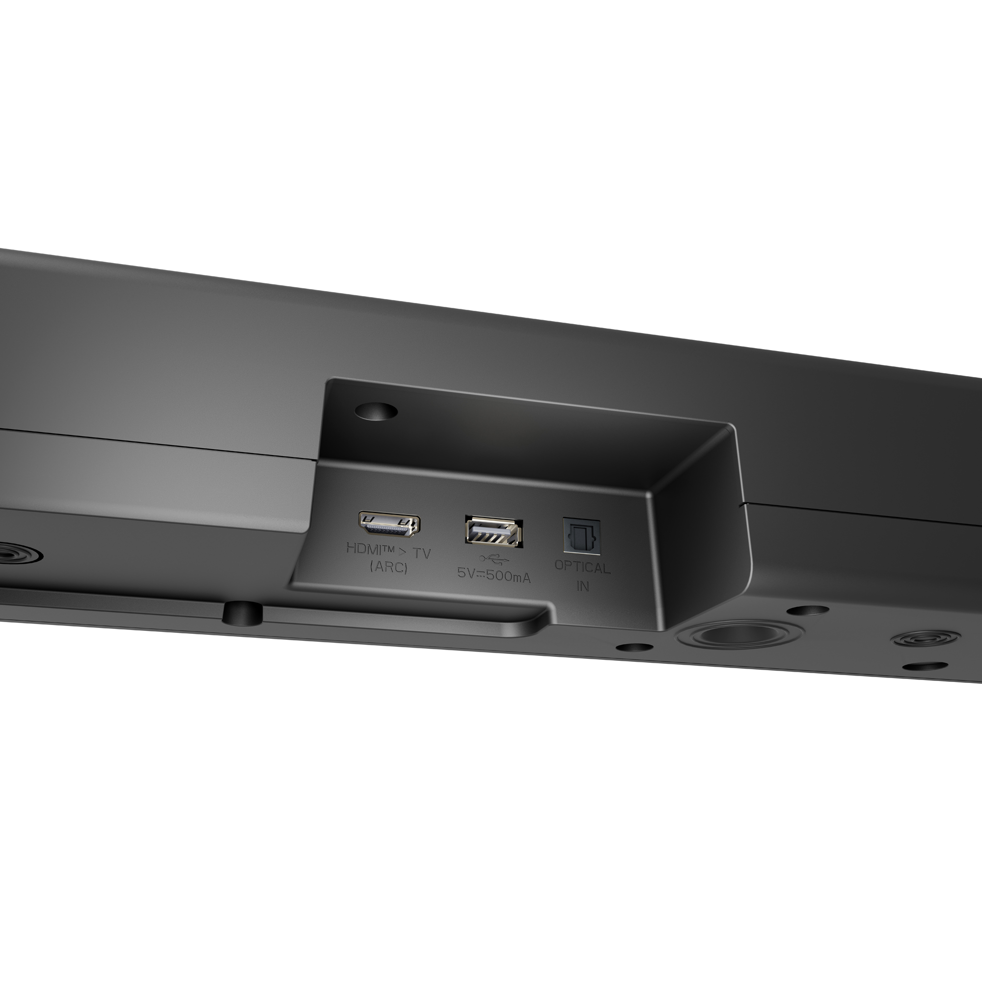 Barra de sonido negra con puertos HDMI, USB y ópticos.