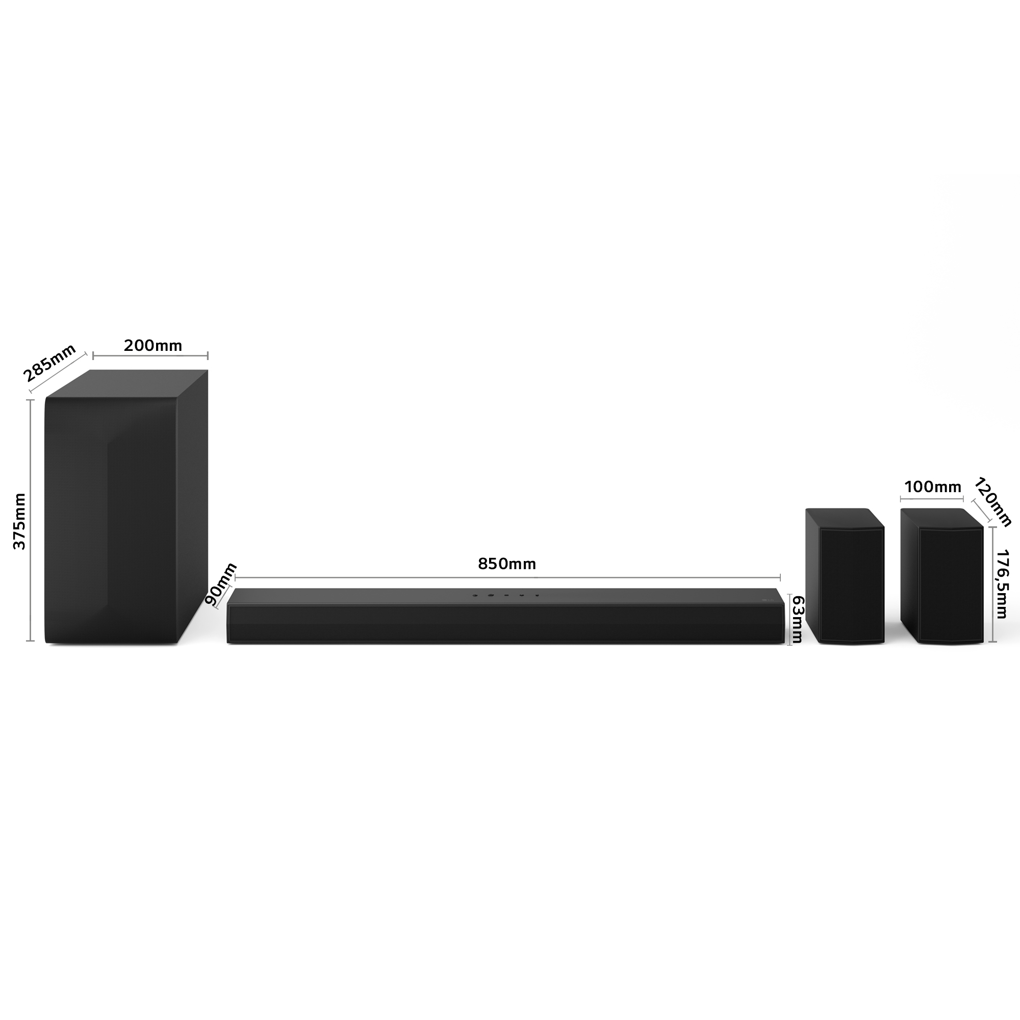 Diagrama de barra de sonido, subwoofer y altavoces traseros con dimensiones.