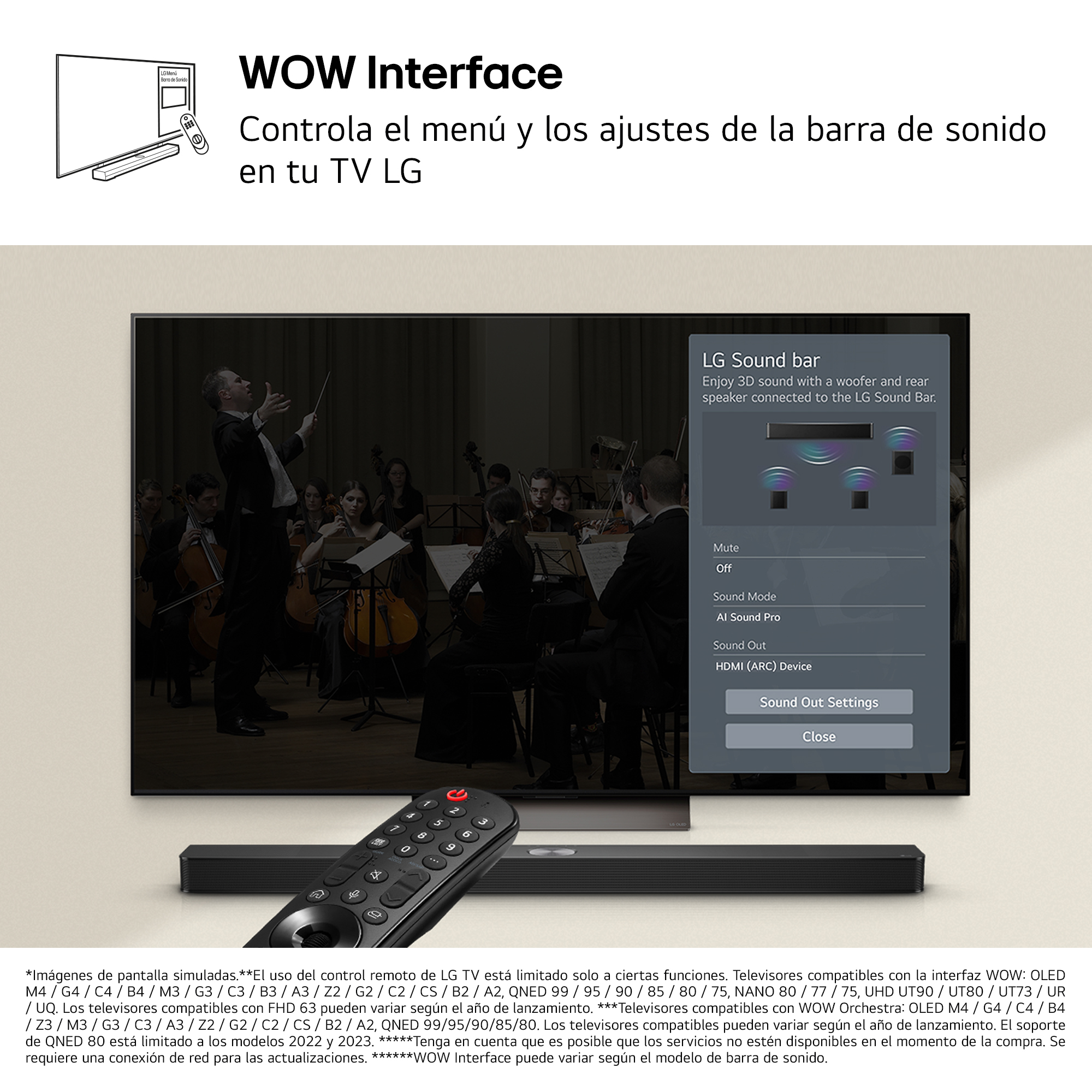 Pantalla de TV LG con interfaz de control de barra de sonido y mando a distancia.