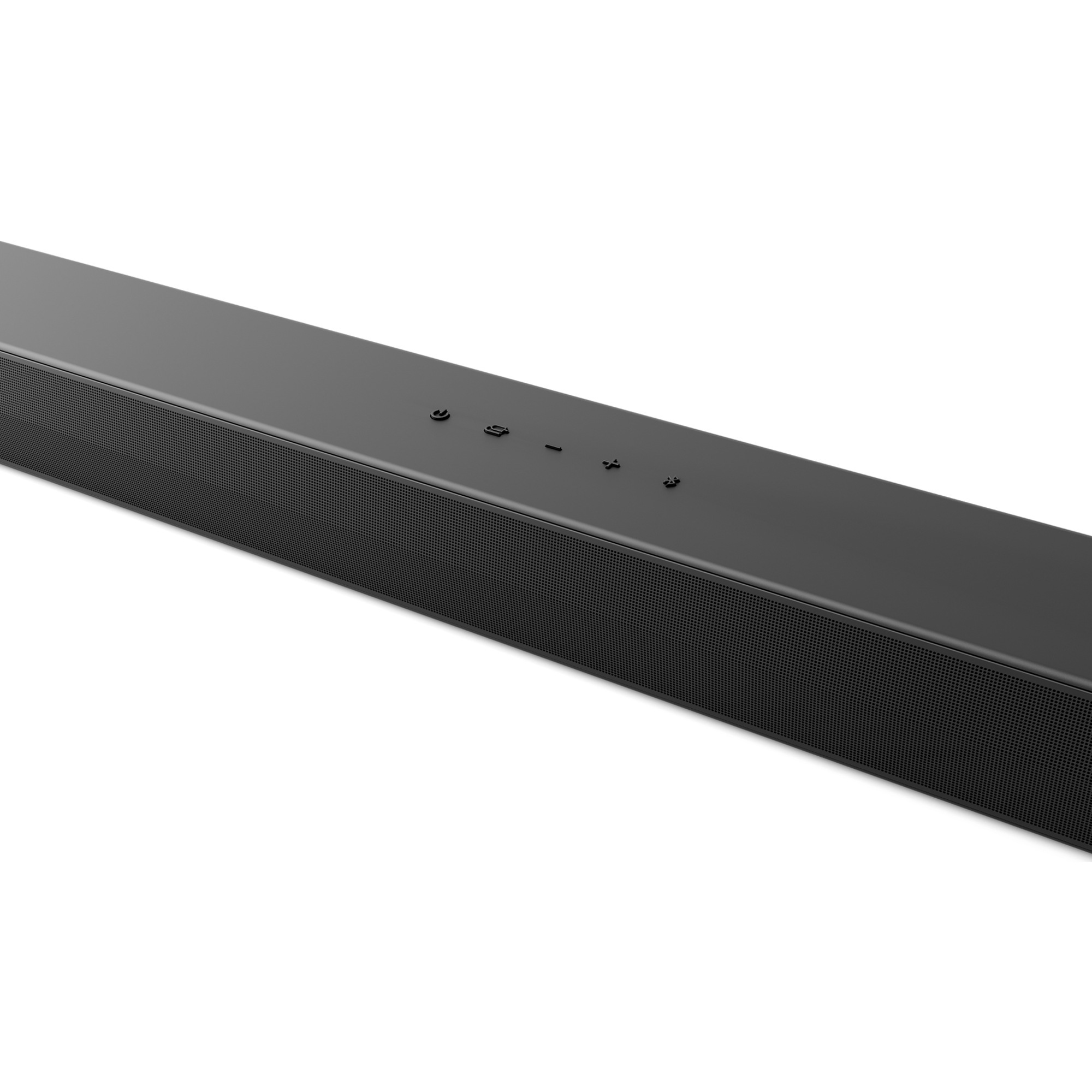 Barra de sonido negra con botones en la parte superior, aislada sobre fondo blanco.