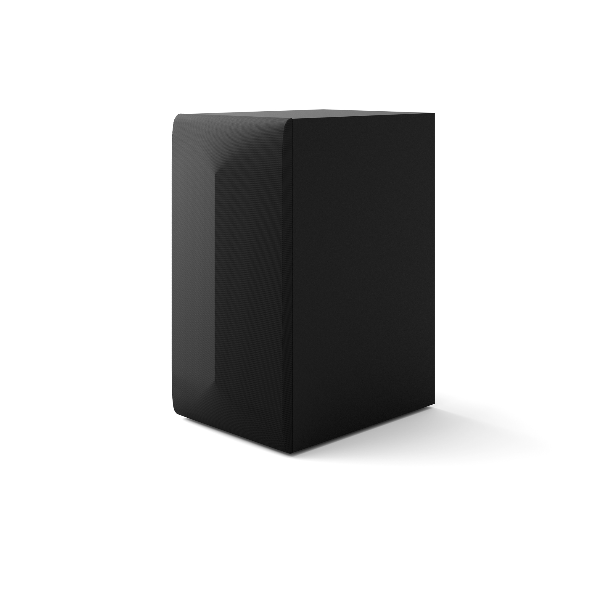 Un subwoofer negro sobre un fondo blanco, vista lateral.