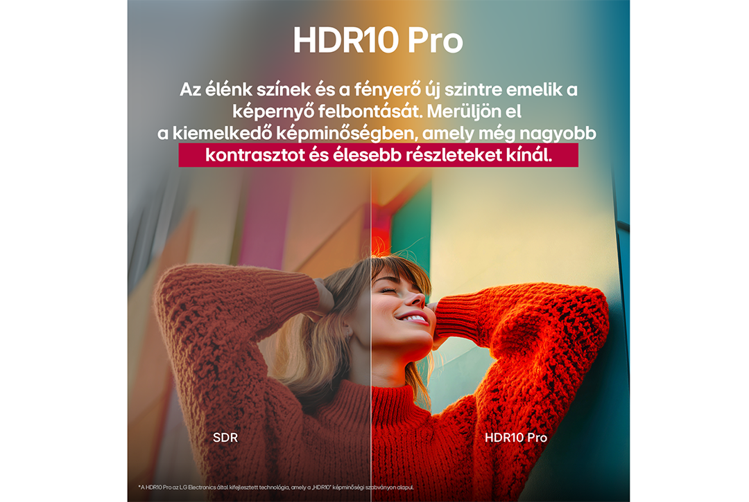 Egy narancssárga pulóveres nő mosolyog. A kép ketté van osztva, balra SDR, jobbra HDR10 Pro.
