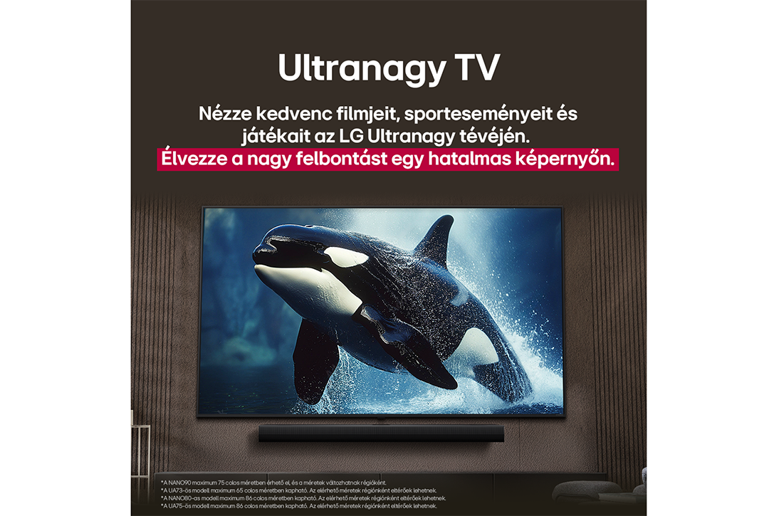 Egy nagy TV egy vízből kiugró bálnát jelenít meg. Alatta egy soundbar, a falon.