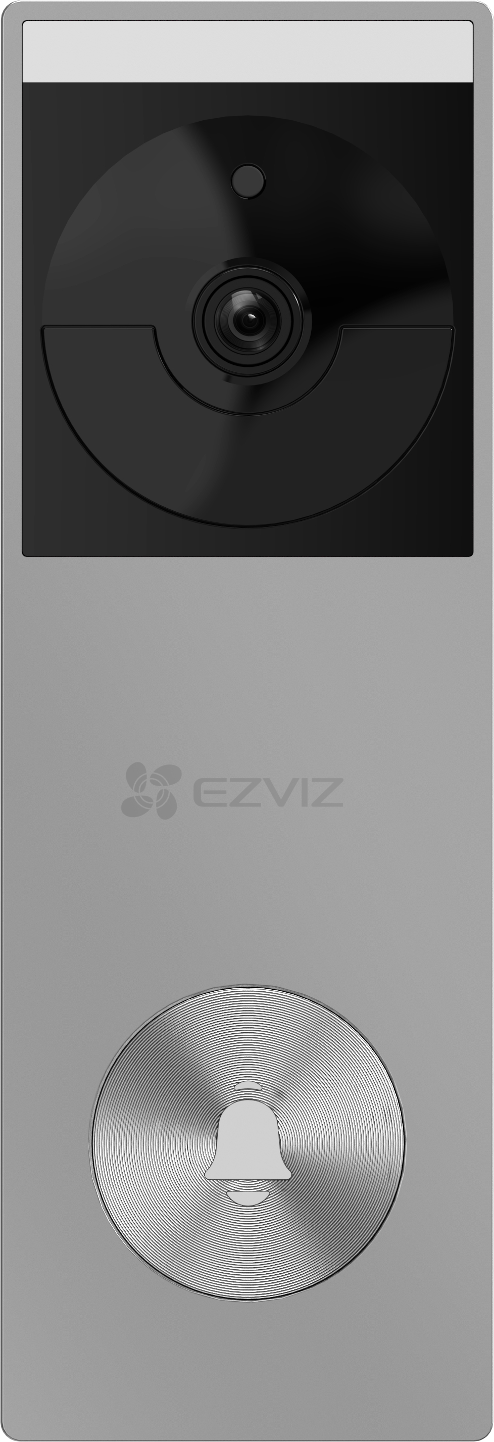 Eine silberne Türklingel mit schwarzer Kamera und Klingelknopf. Das Ezviz-Logo ist in der Mitte.