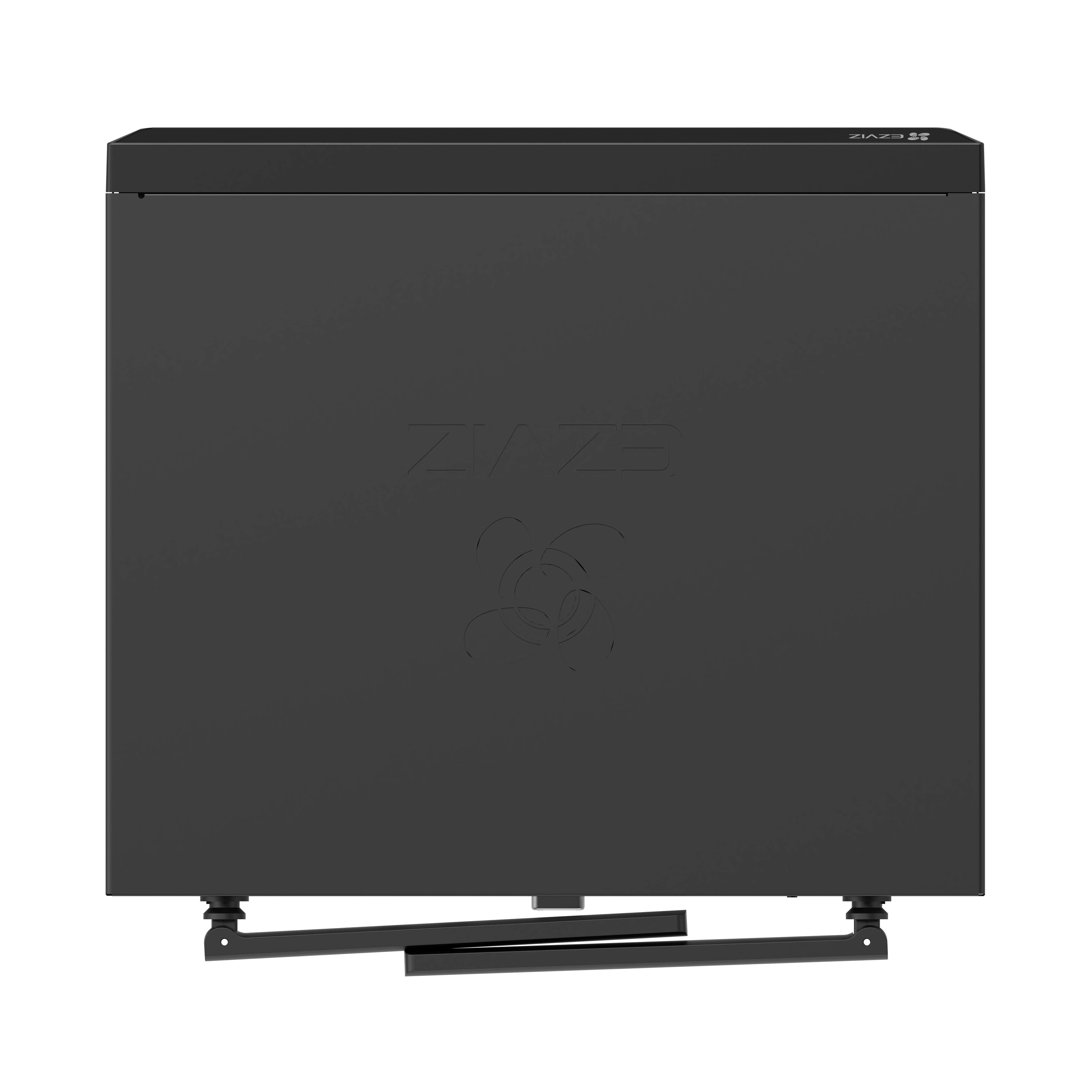 Ein schwarzes elektronisches Gerät mit der Marke EZVIZ. Es hat ein stilisiertes Logo und Stützarm.