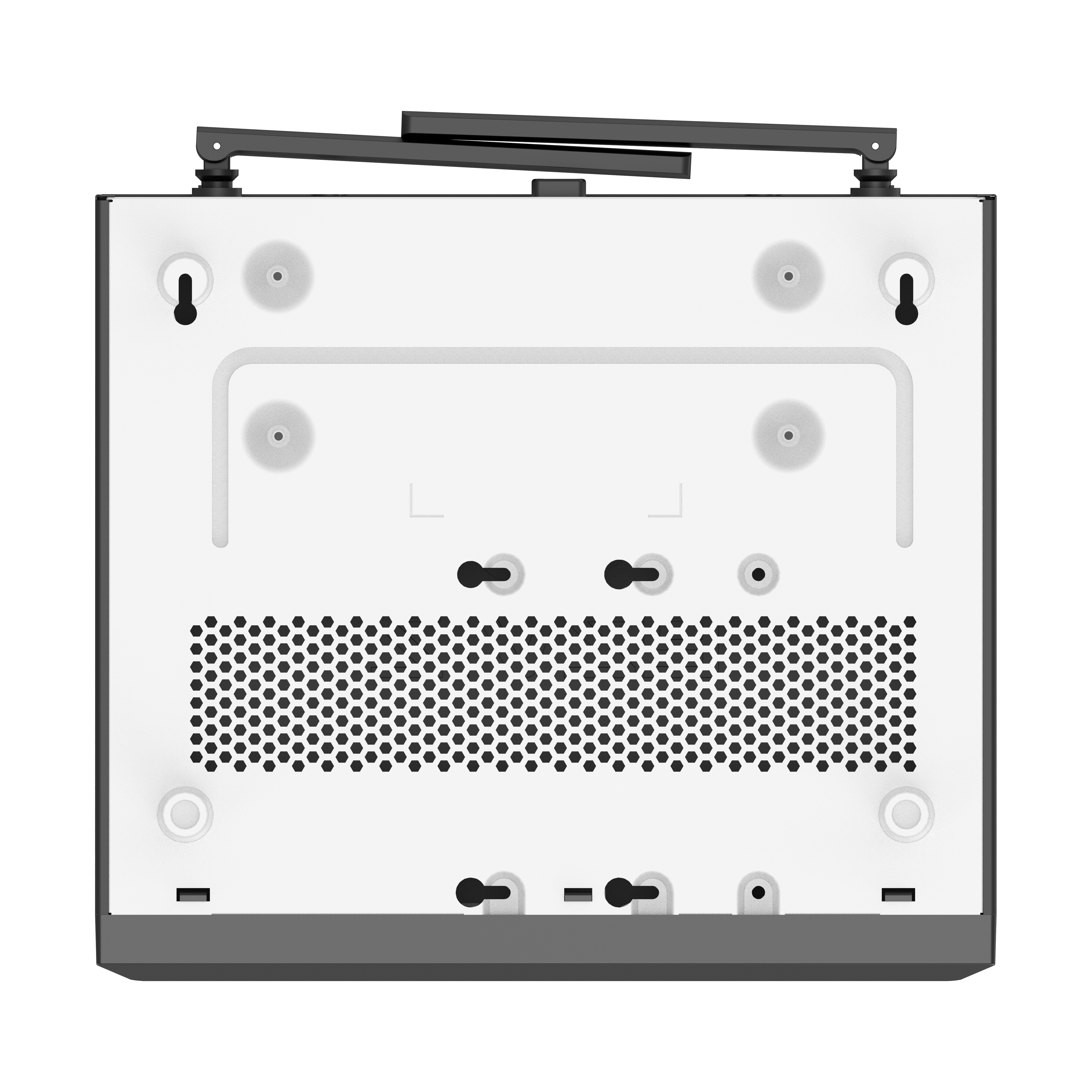 Die Unterseite eines schwarzen elektronischen Geräts mit einem Gitter aus Löchern. Es hat Befestigungslöcher und zwei Arme.