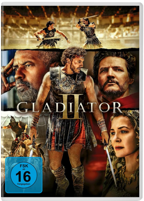 Filmcover für Gladiator II. Enthält Schauspieler, Text und ein Bewertungsschild.