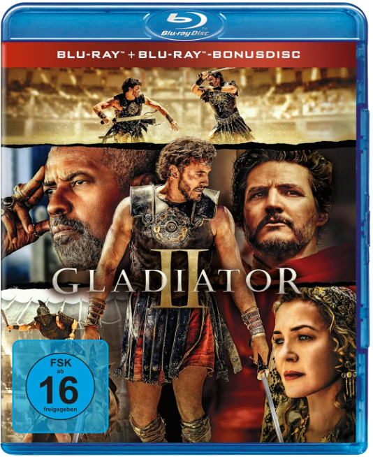 Blu-ray-Cover für Gladiator II. Enthält Schauspieler, Text und ein Bewertungsschild.