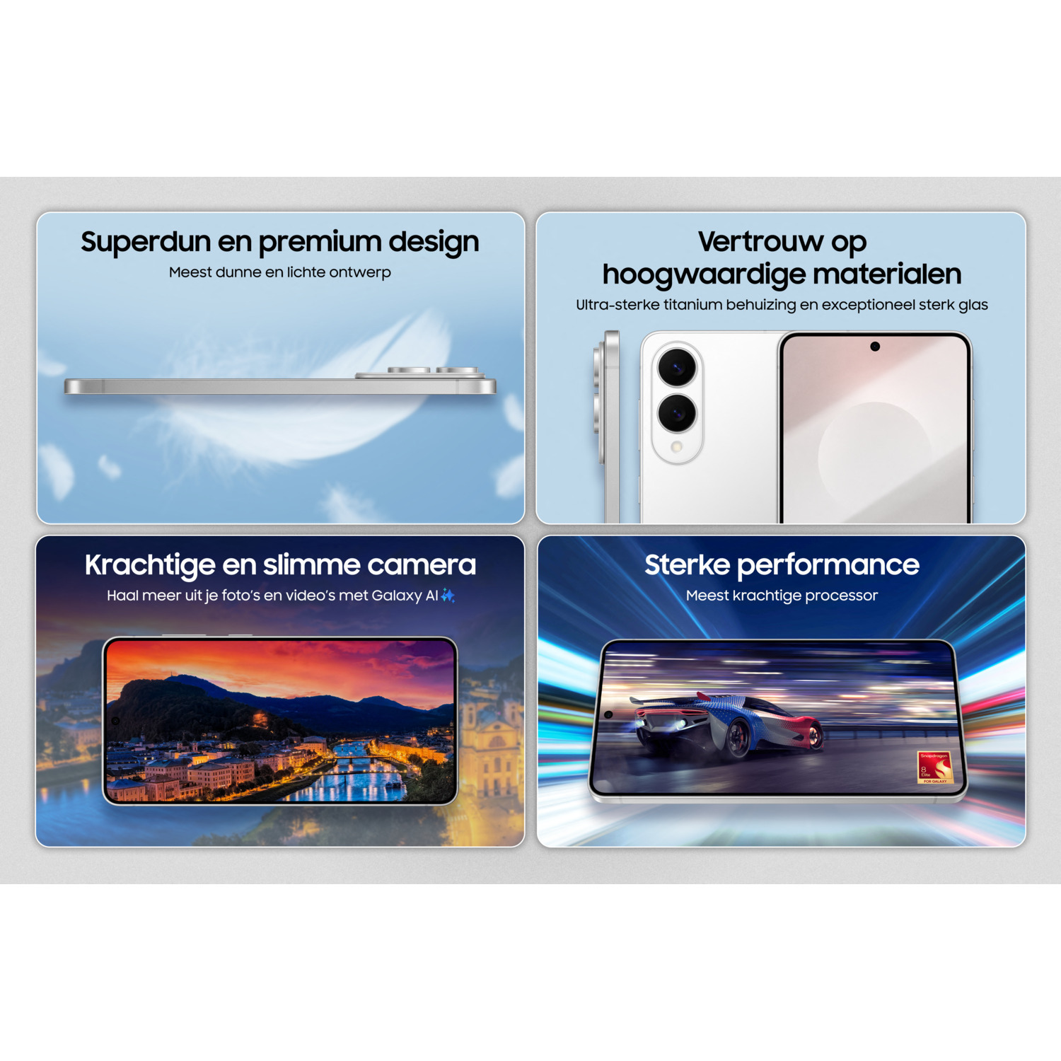 Four images with text. Super thin design, premium materials, strong camera, and strong performance.