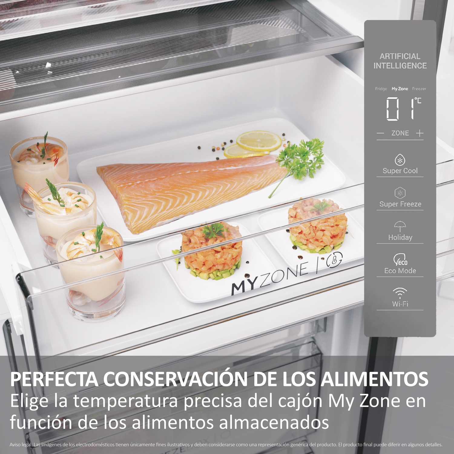 Interior de nevera con comida, salmón, marisco, limón. Funciones IA a la derecha.