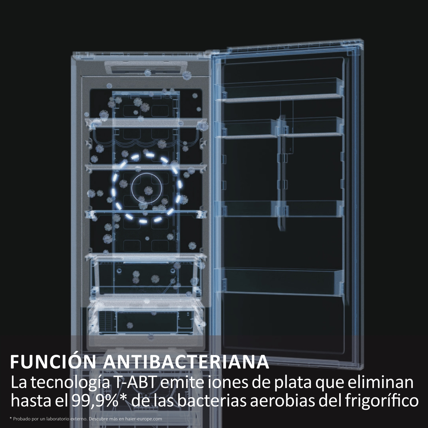 Vista de rayos X del interior de una nevera, mostrando función antibacteriana con iones de plata.