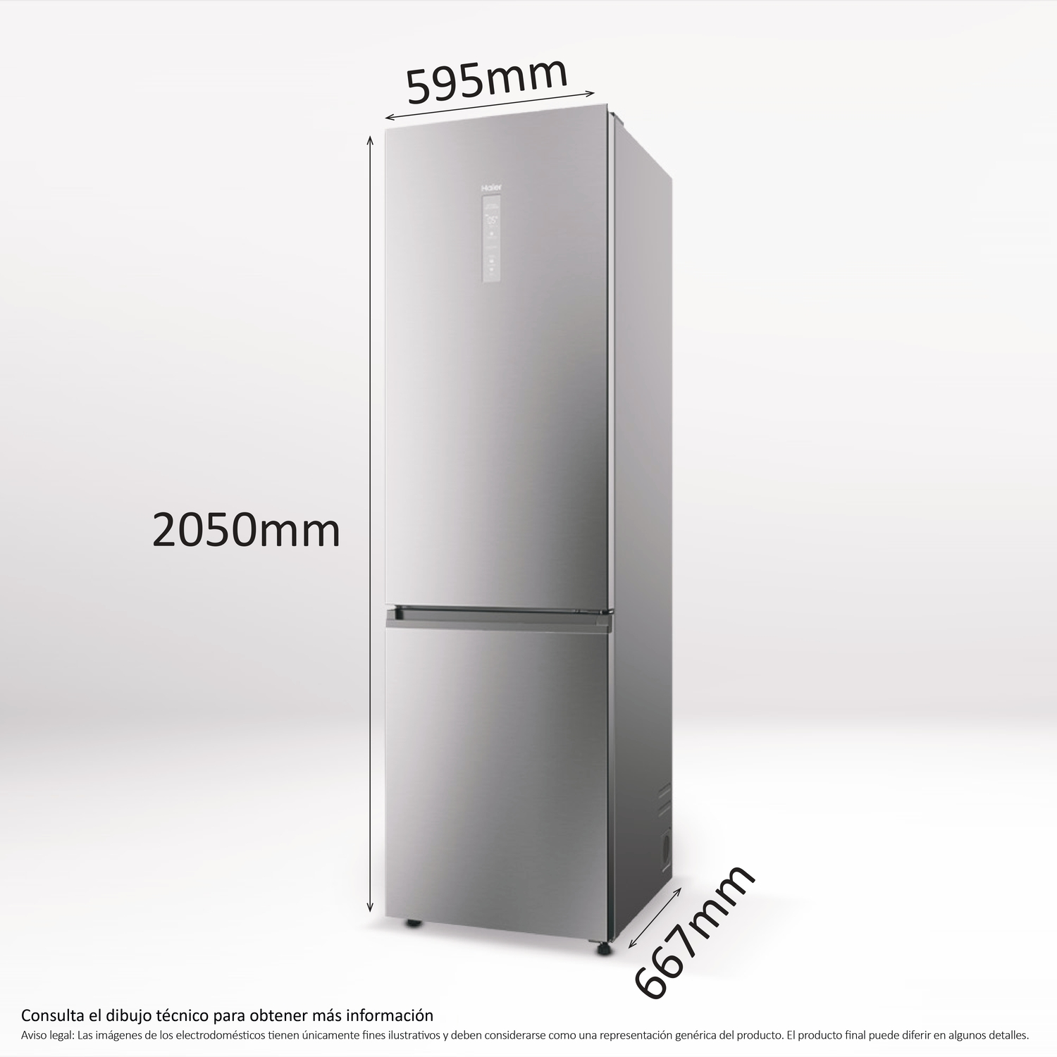 Nevera plateada, dimensiones en mm: 2050 altura, 595 ancho, 667 profundidad. Fondo blanco.