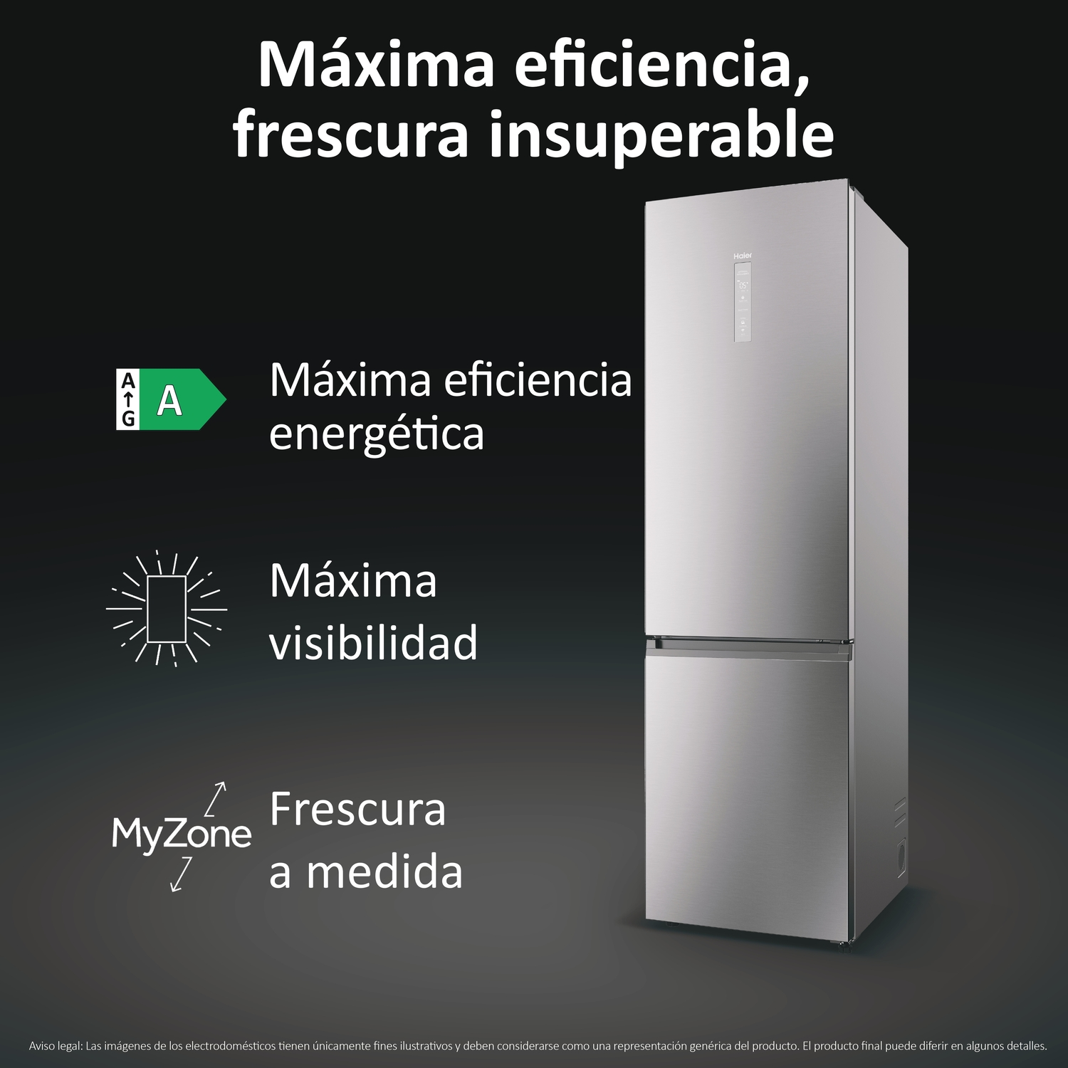 Nevera plateada con etiqueta de eficiencia energética. Texto: máxima eficiencia, frescura.