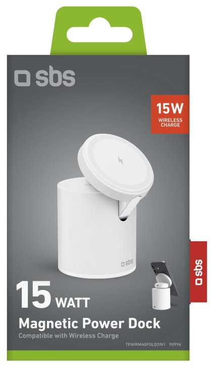 Opakowanie białej ładowarki bezprzewodowej, ze zdjęciem ładowarki i telefonu.