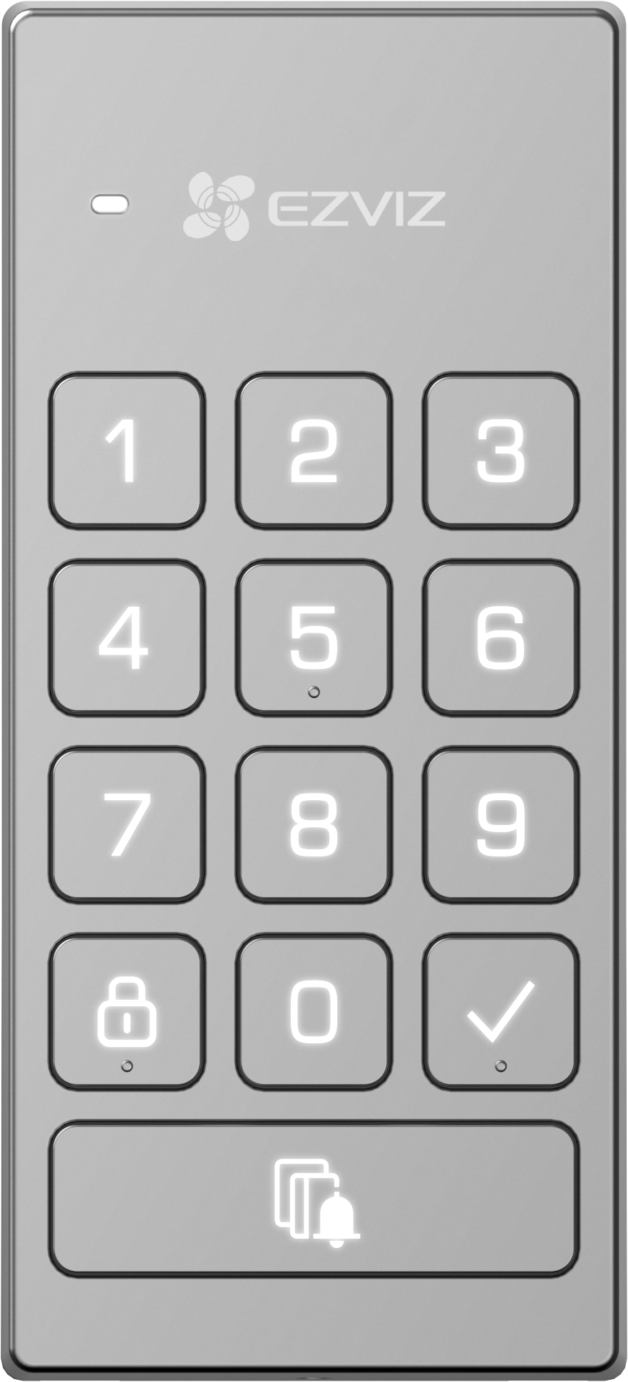 Graue Tastatur mit Zahlen und EZVIZ-Logo. Enthält Schloss- und Häkchensymbole.