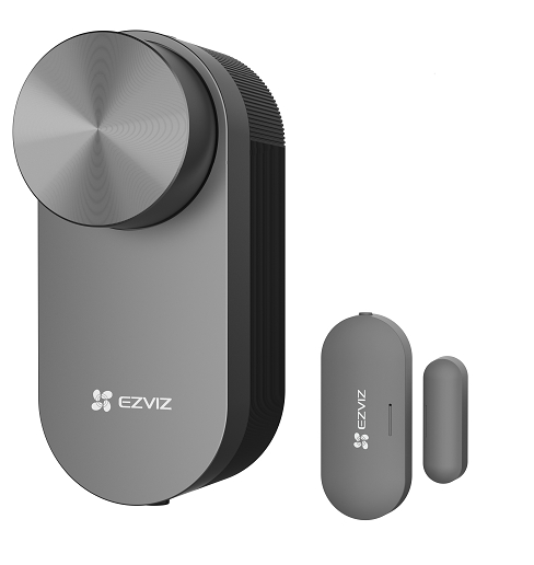 EZVIZ-Gerät mit kreisförmiger Steuerung und separatem Sensor.