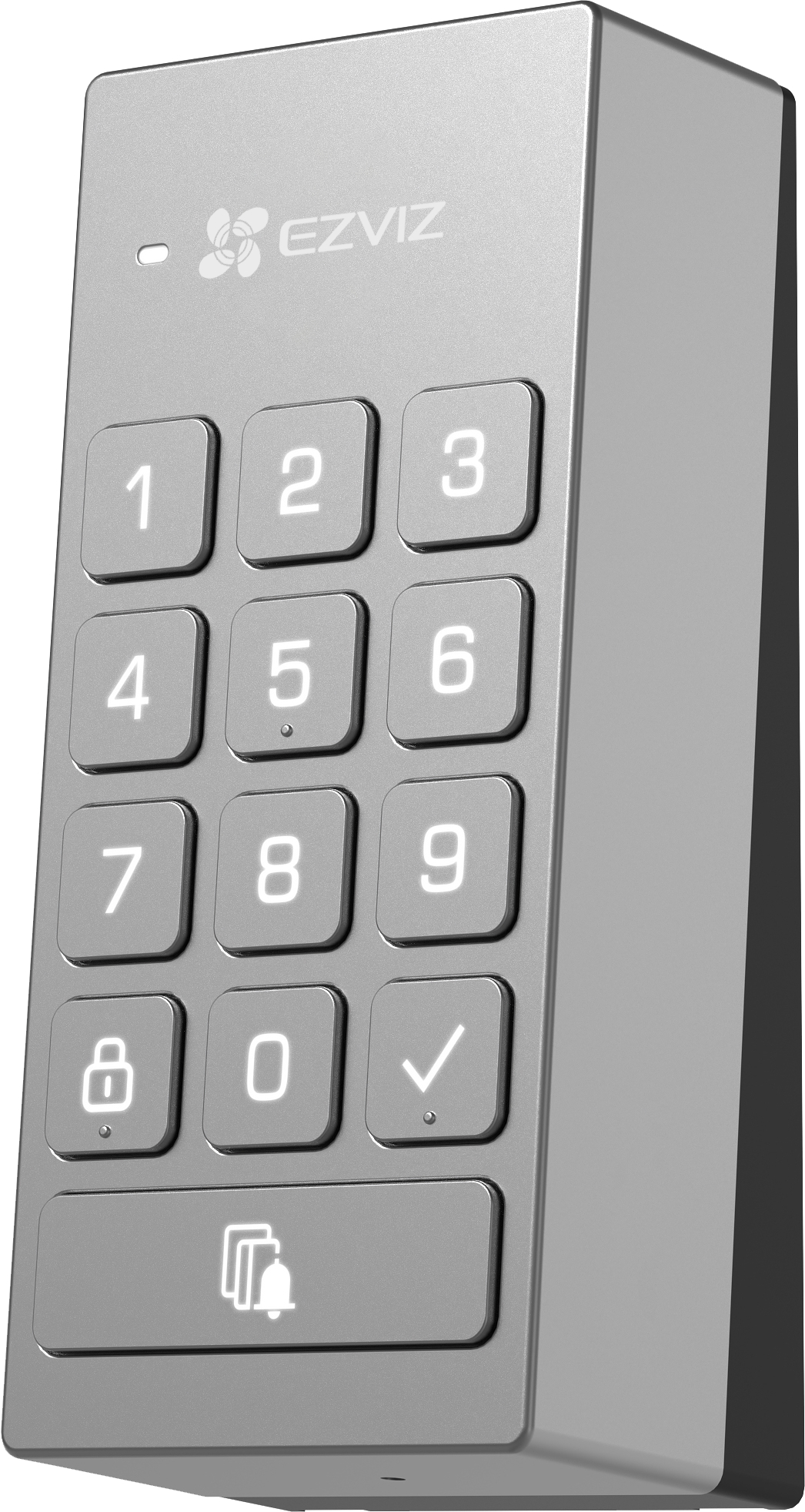 Schräge Ansicht einer grauen Tastatur mit Zahlen und EZVIZ-Logo.