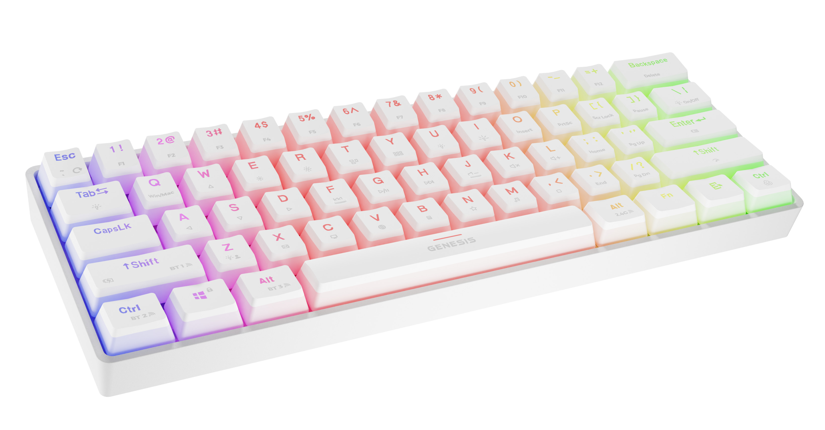 Widok z boku białej, 60% klawiatury mechanicznej z tęczowymi klawiszami. Logo Genesis na spacji.