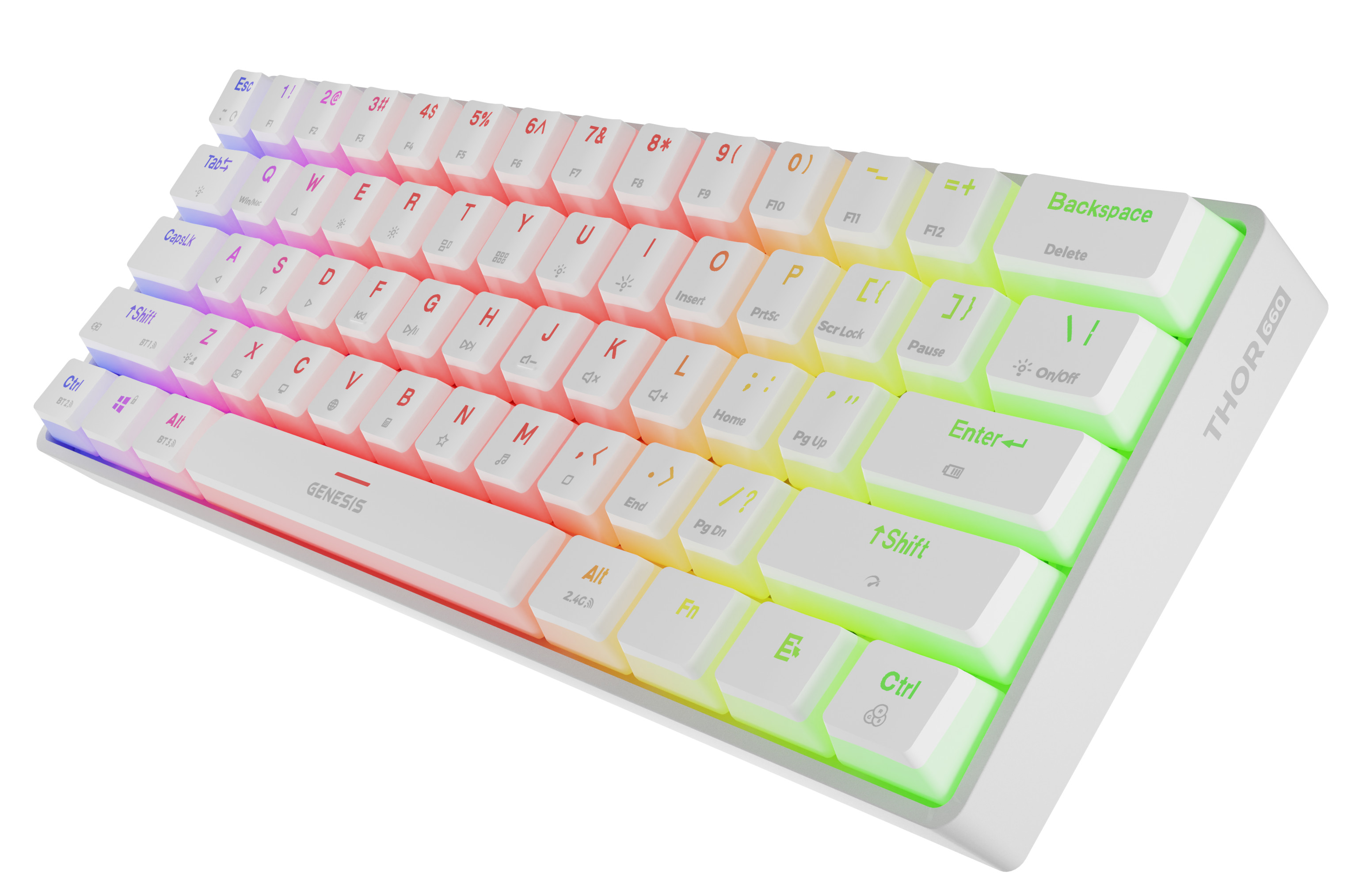 Widok z boku białej, 60% klawiatury mechanicznej. Logo Genesis na spacji. THOR 660 z boku.