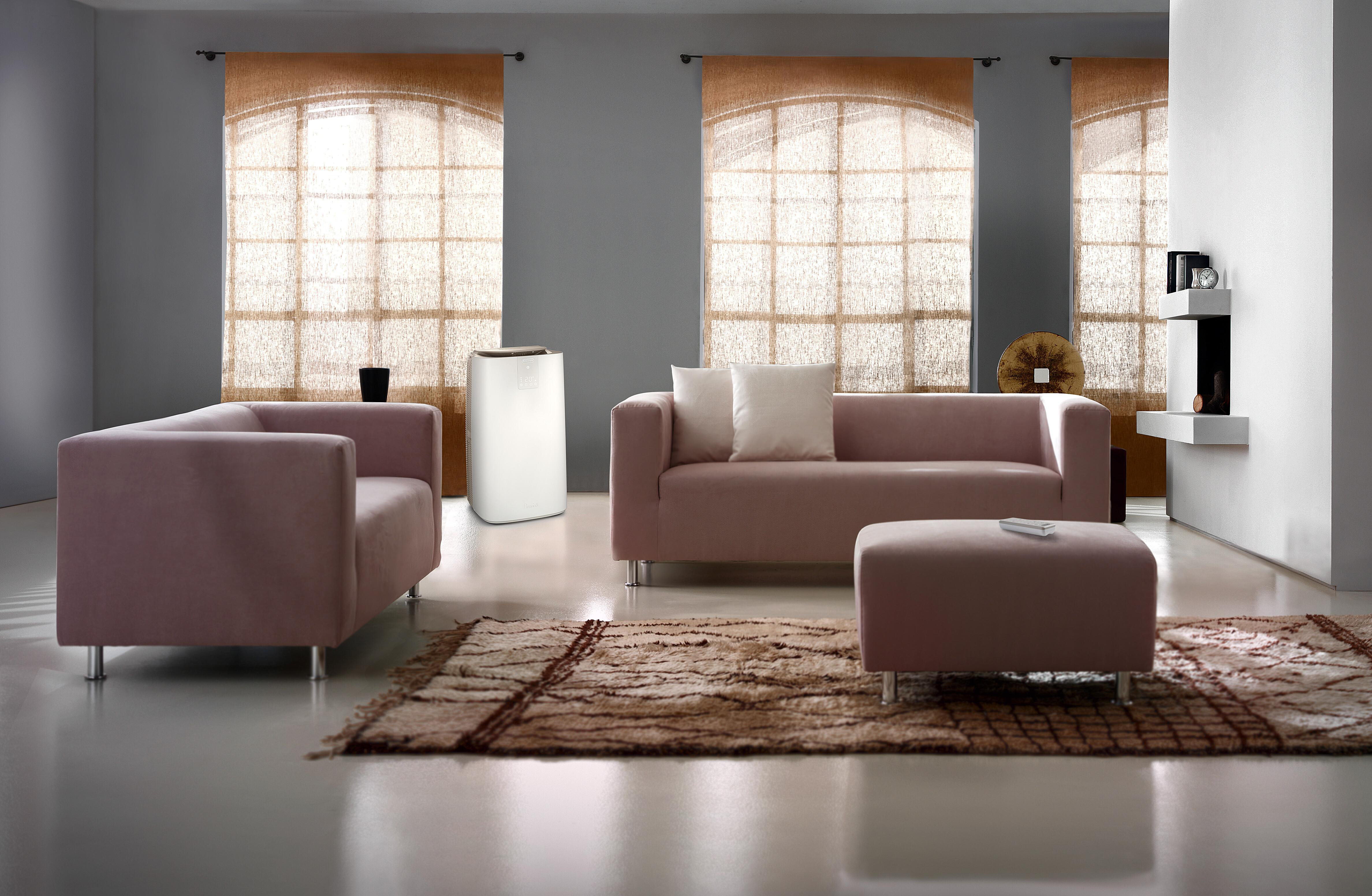 Wohnzimmer mit rosa Sofas und einem weißen Klimagerät.