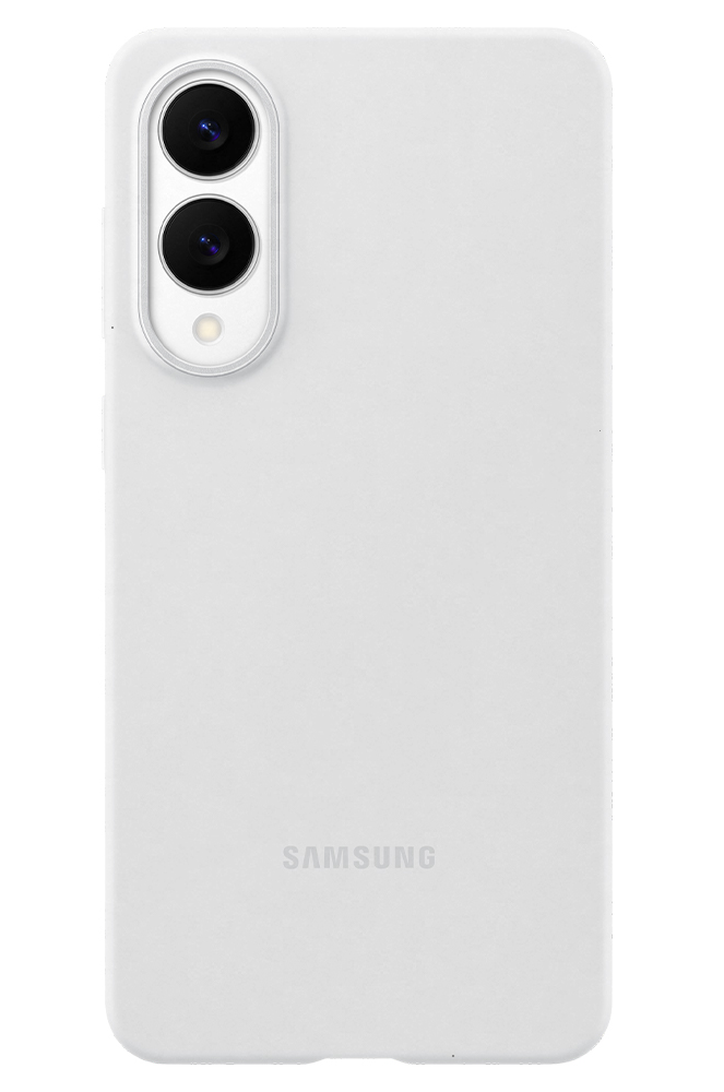 Biały smartfon. Dwa aparaty. Logo Samsung. Czarne tło.