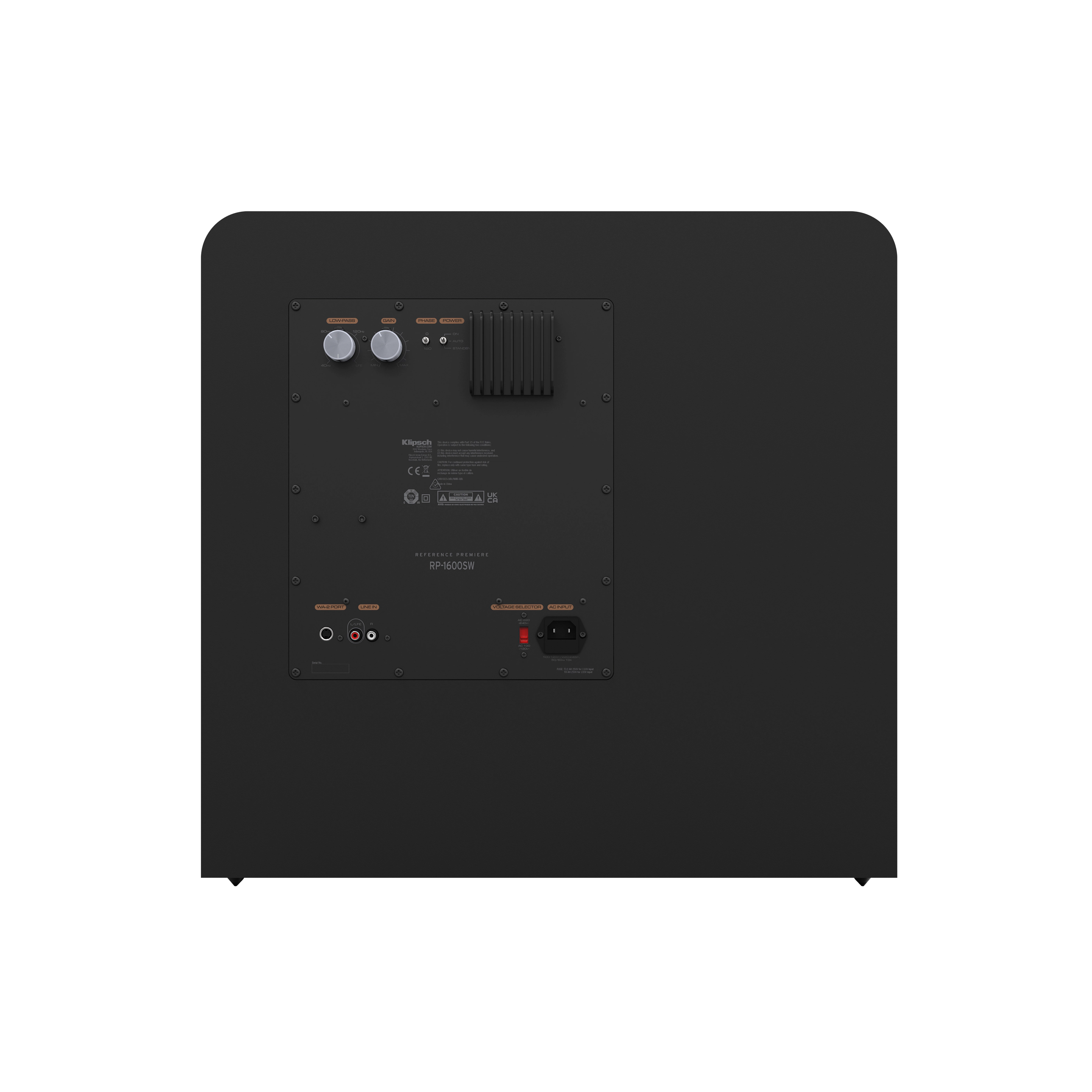 Schwarzes Subwoofer-Rückwand mit Bedienelementen, Anschlüssen und Produktinformationen. Klipsch-Logo. Dunkler Hintergrund.