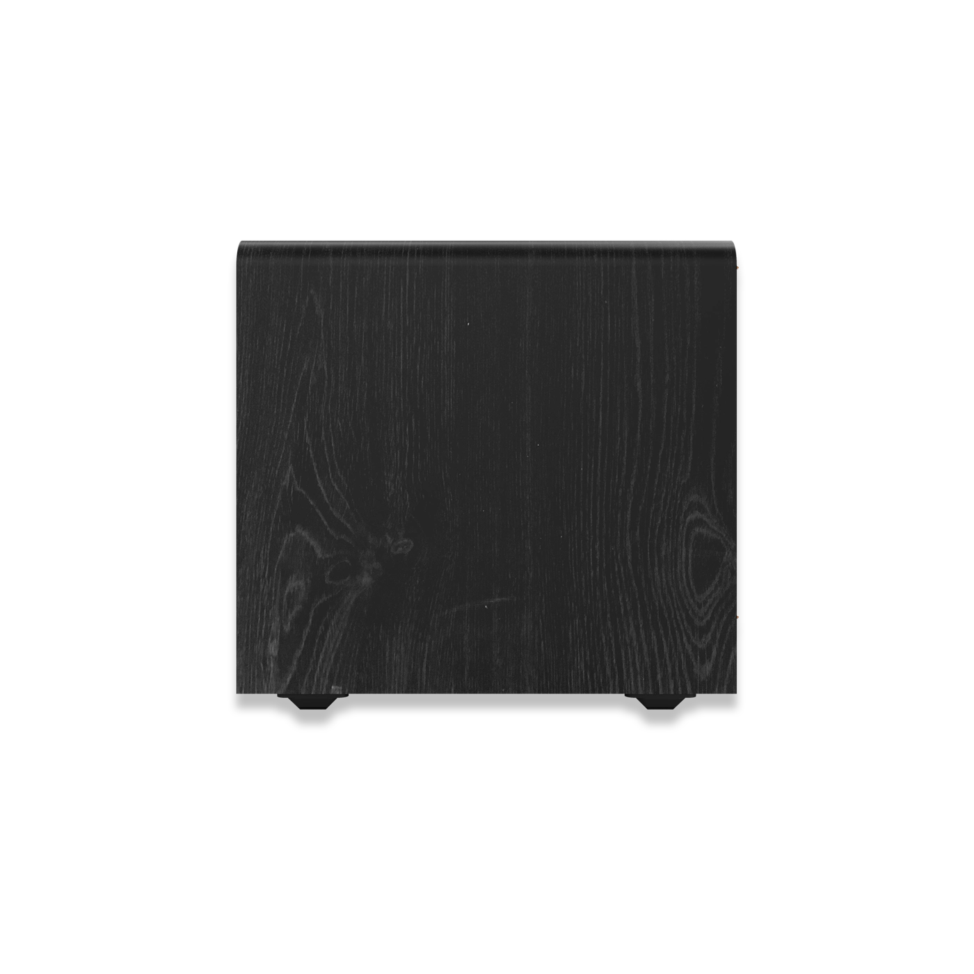 Schwarzes Subwoofer-Seitenprofil. Holzmaserung sichtbar. Dunkler Hintergrund.