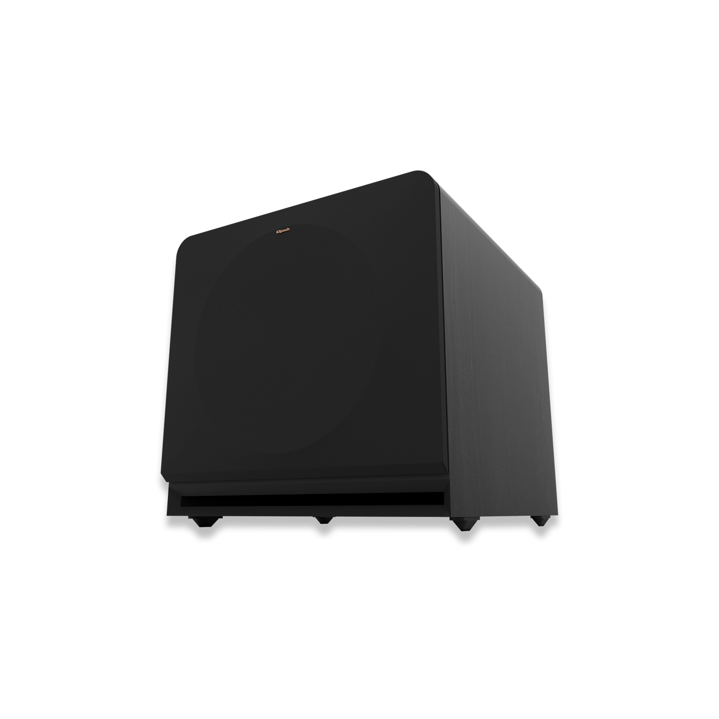 Schwarzer Subwoofer auf dunklem Hintergrund. Winkelansicht.