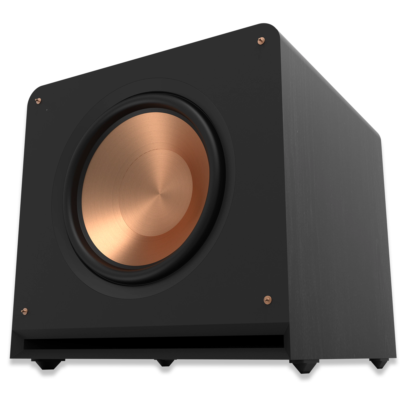 Schwarzer Subwoofer mit kupferfarbenem Lautsprecher. Dunkler Hintergrund.