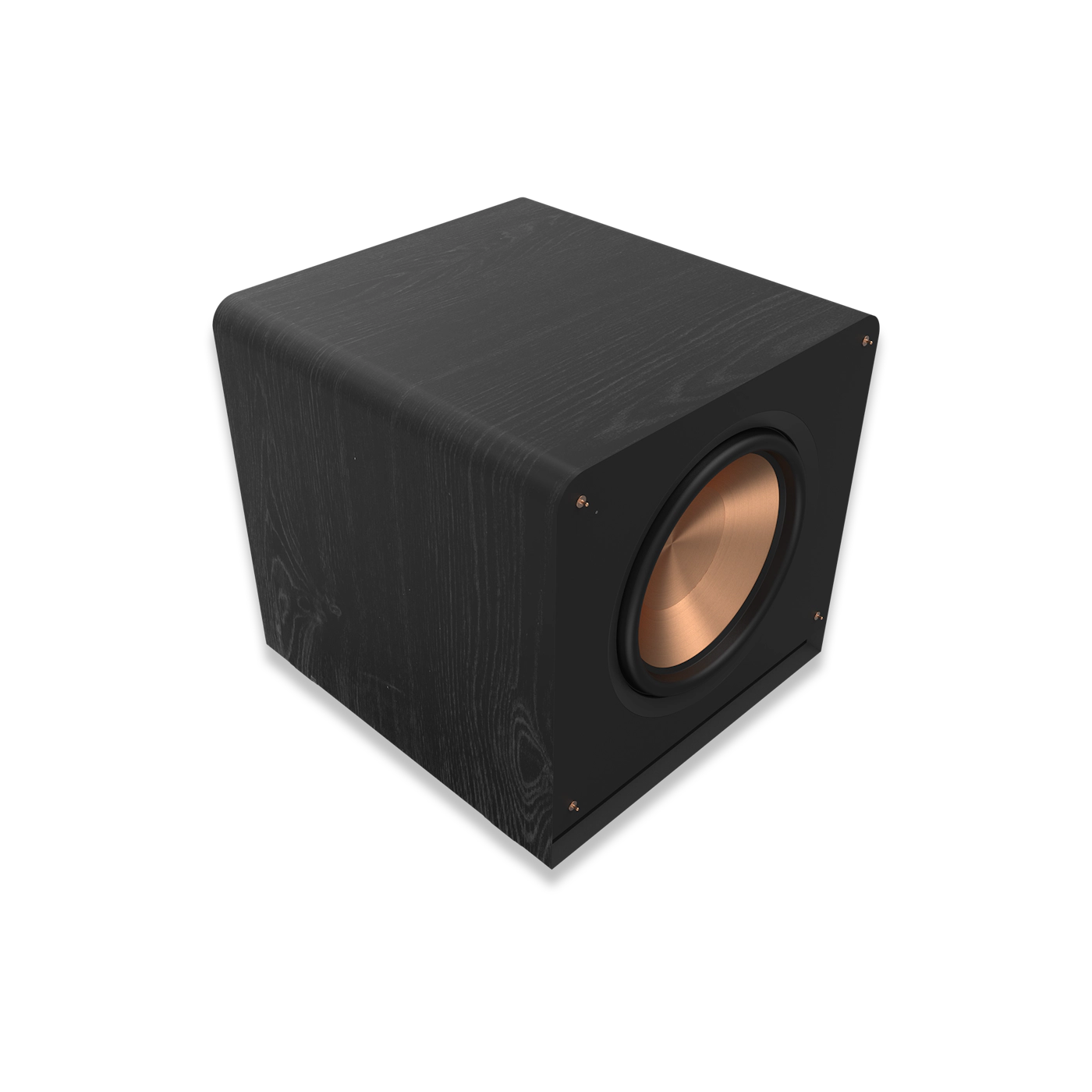 Schwarzer Subwoofer in Schrägansicht. Kupferfarbener Lautsprecher sichtbar. Dunkler Hintergrund.