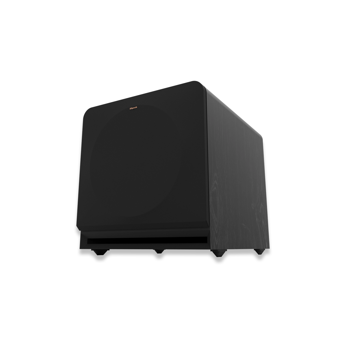 Schwarzer Subwoofer mit rundem Lautsprecher und Holzstruktur. Der Lautsprecher ist auf schwarzem Hintergrund.