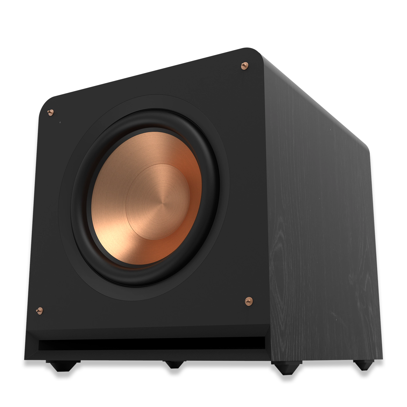 Schwarzer Subwoofer mit kupferfarbener Lautsprechermembran und Holzstruktur. Goldene Schrauben sichtbar.