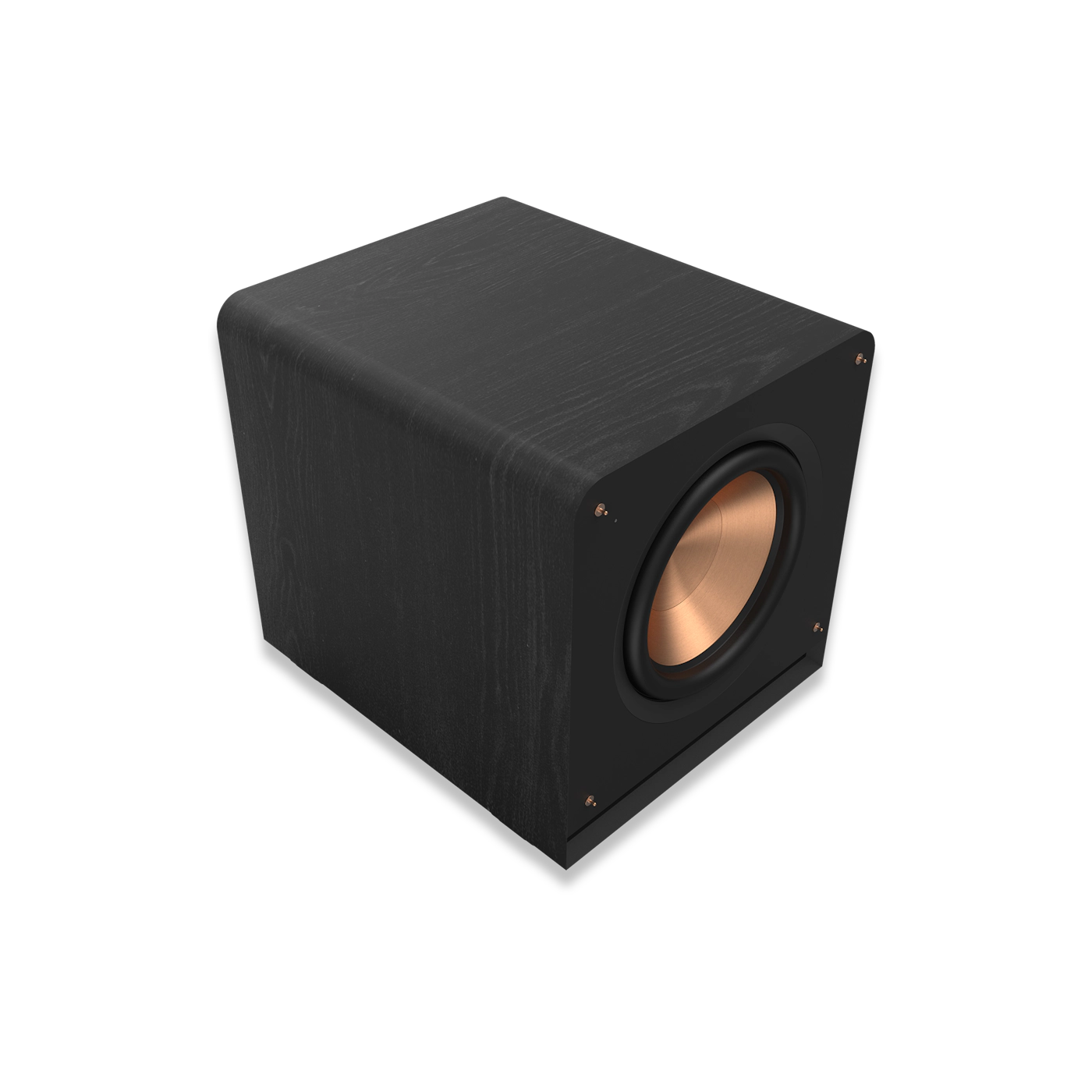 Schwarzer Subwoofer in Schrägansicht. Der Lautsprecher hat eine Holzoptik und goldfarbene Schrauben. Der Hintergrund ist schwarz.