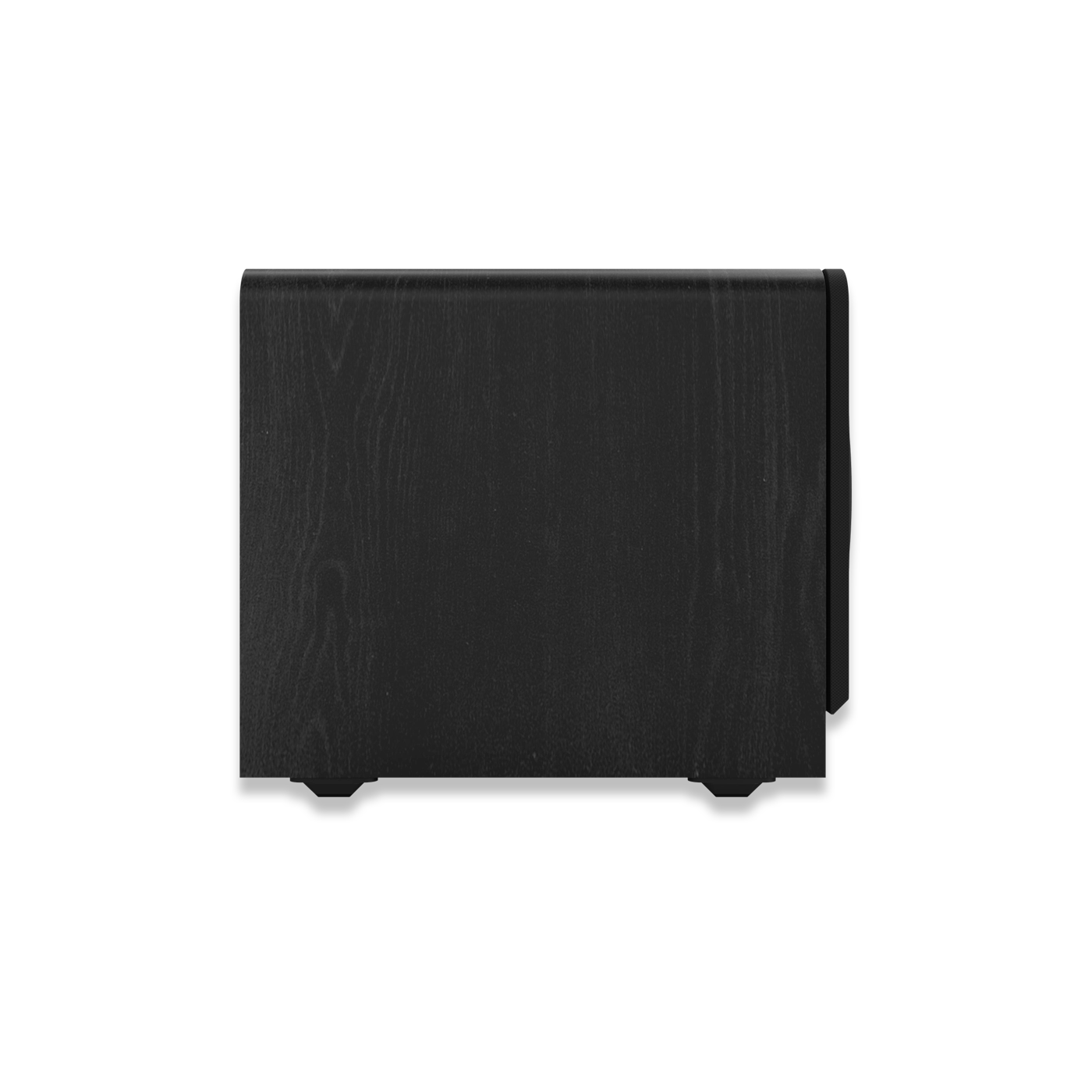 Schwarzer Subwoofer von der Seite. Die Holzmaserung ist sichtbar, und er steht auf schwarzem Hintergrund.