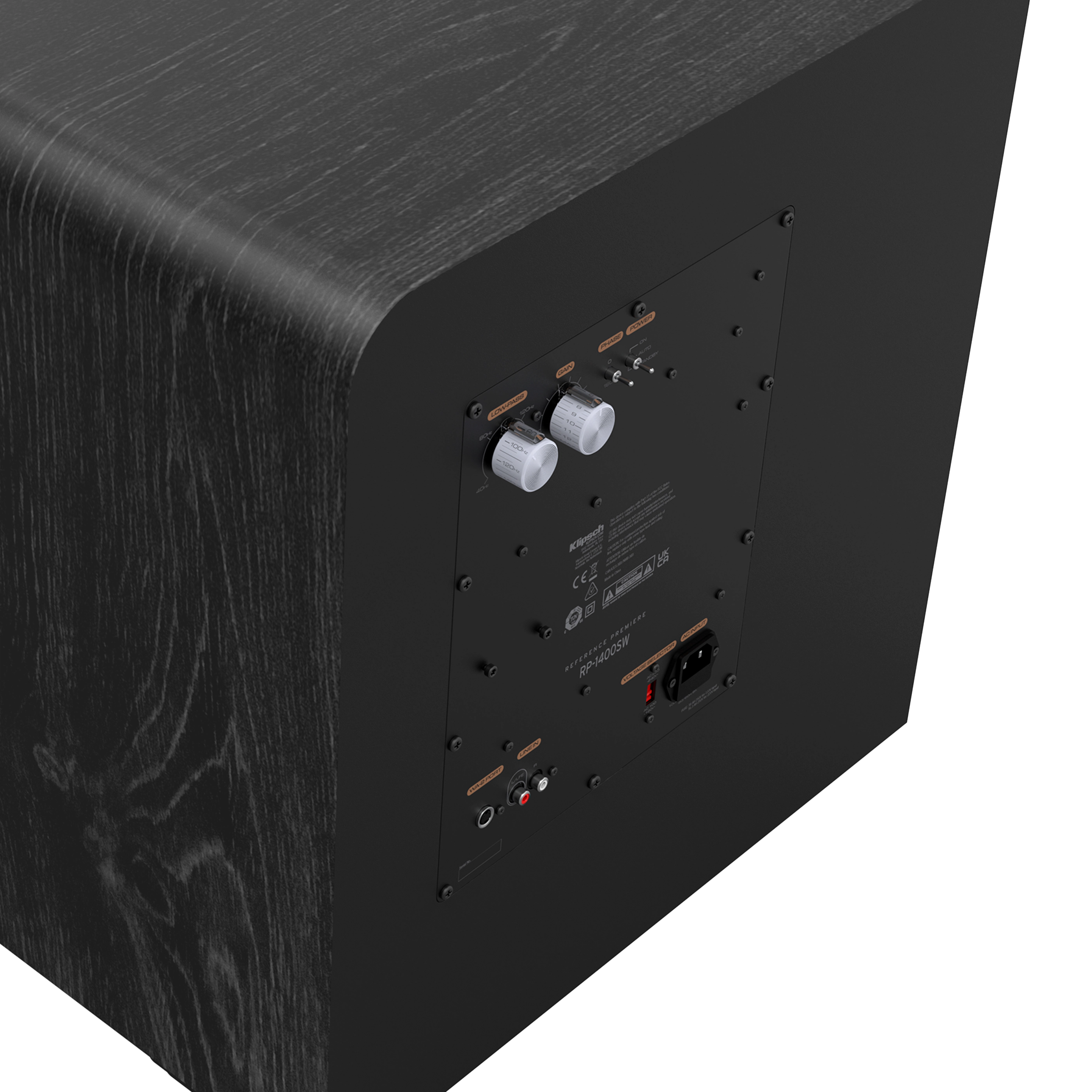 Schwarze Rückseite des Subwoofers mit Bedienelementen und Eingängen. Die Marke ist Klipsch, Modell RP-1400SW.