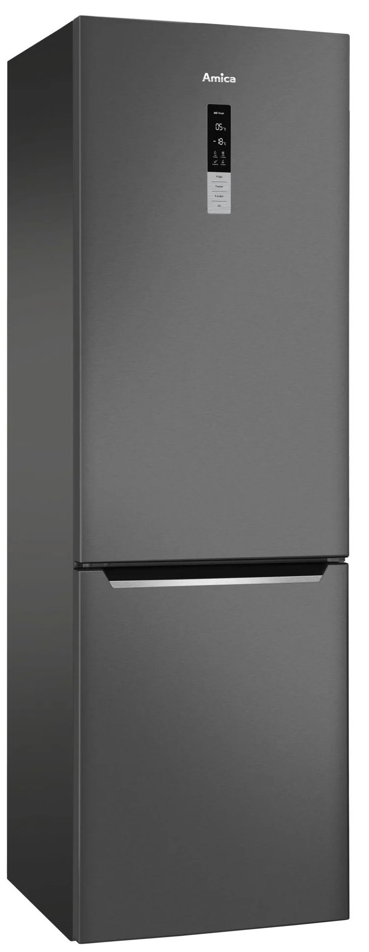 Ciemnoszara lodówka Amica. Wysoka konstrukcja, logo Amica na górze.